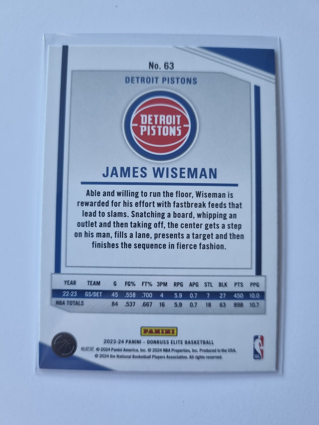 2023-24 Panini Donruss Elite - #63 - James Wiseman - Detroit Pistons