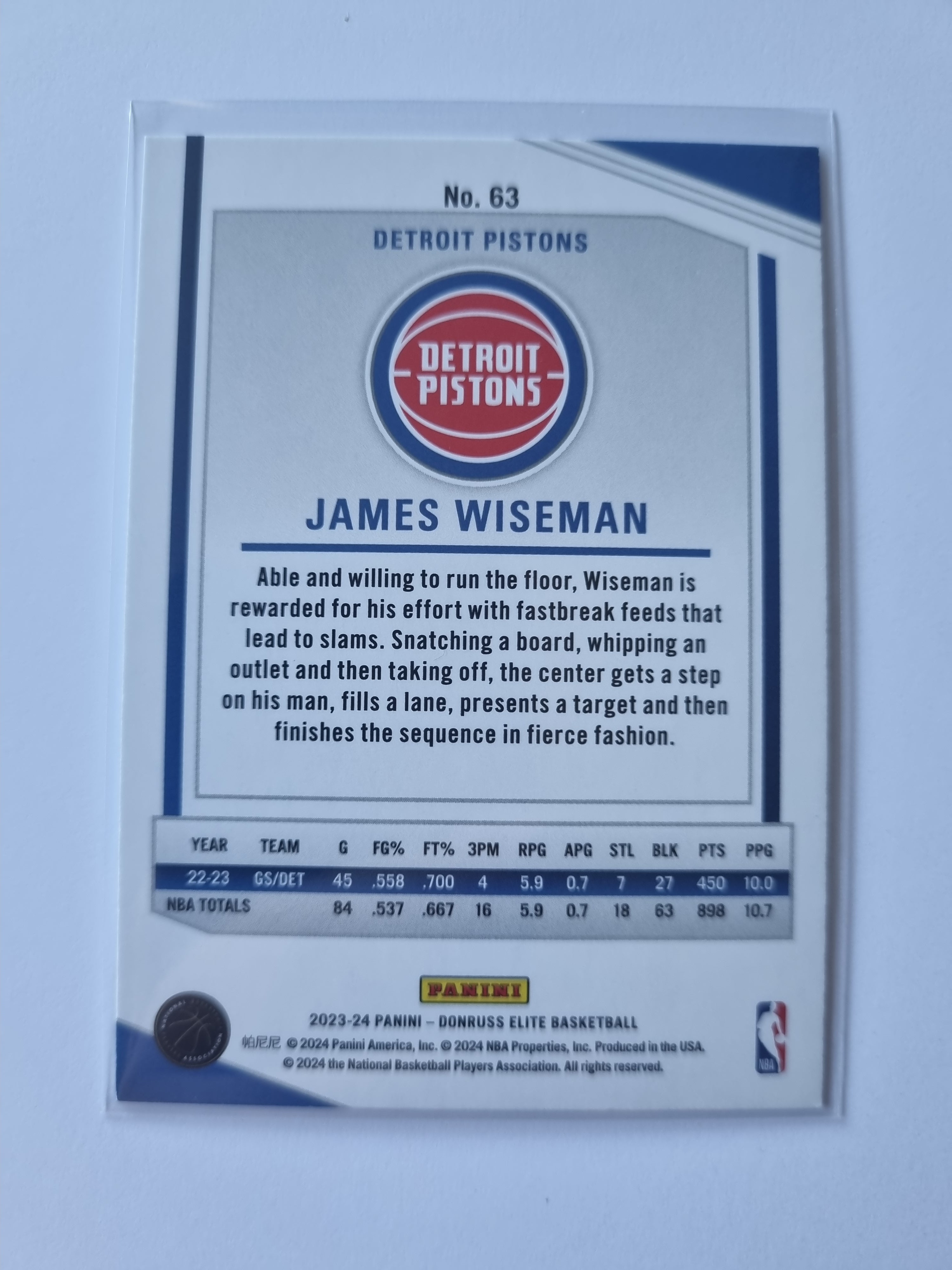 2023-24 Panini Donruss Elite - #63 - James Wiseman - Detroit Pistons