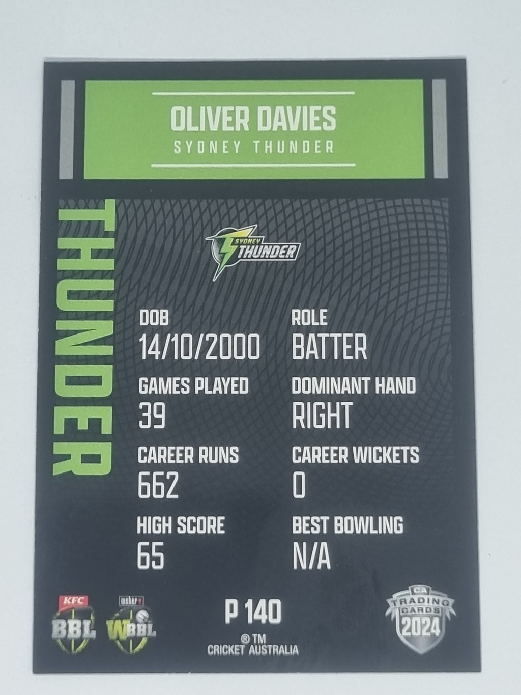 2024-25 LUXE Cricket Traders - Parallel - #P140 - Oliver Davies - Thunder