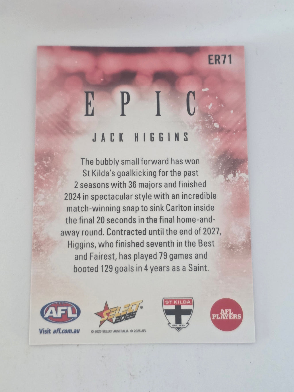 AFL Footy Stars 2025 | Epic Red | #ER71 | J. Higgins | St Kilda