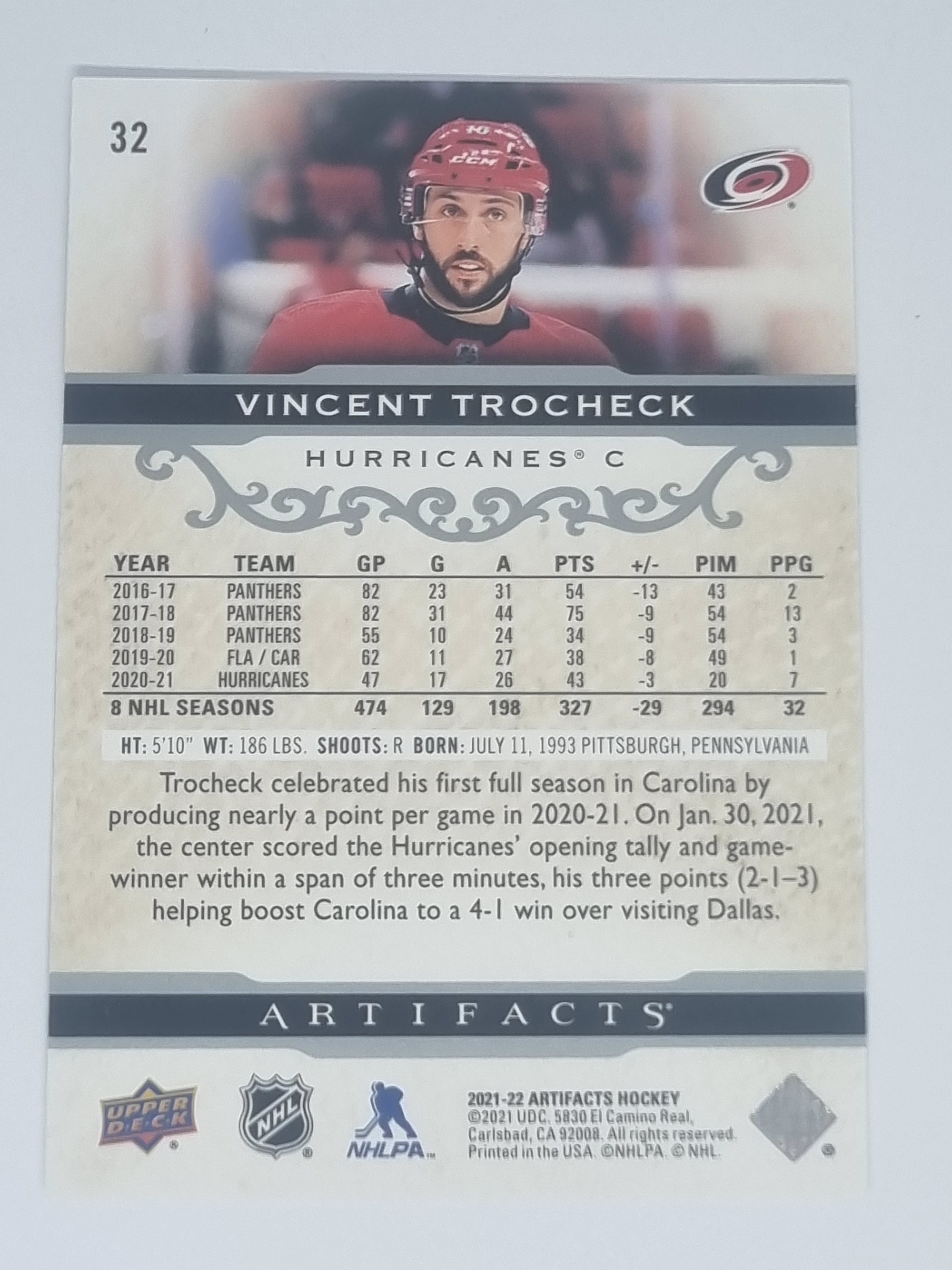 2021-22 Hockey Artifacts - #32 - Vincent Trocheck - Hurricanes