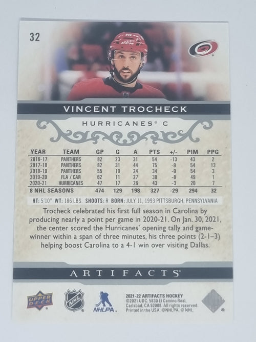 2021-22 Hockey Artifacts - #32 - Vincent Trocheck - Hurricanes