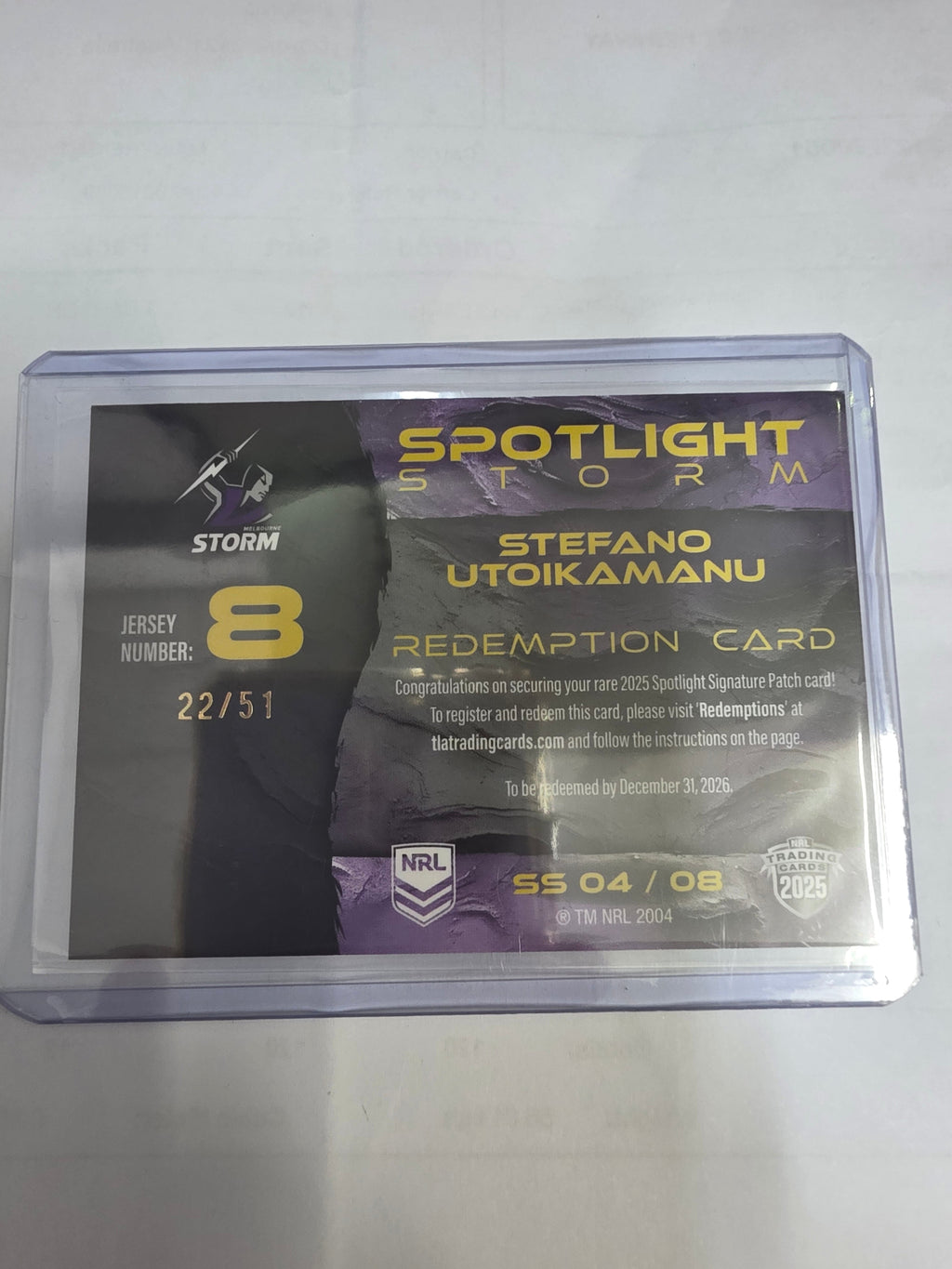 NRL25 Elite Spotlight Jersey Patch Signature Book #SS04 Stefano Utoikamanu 22/51