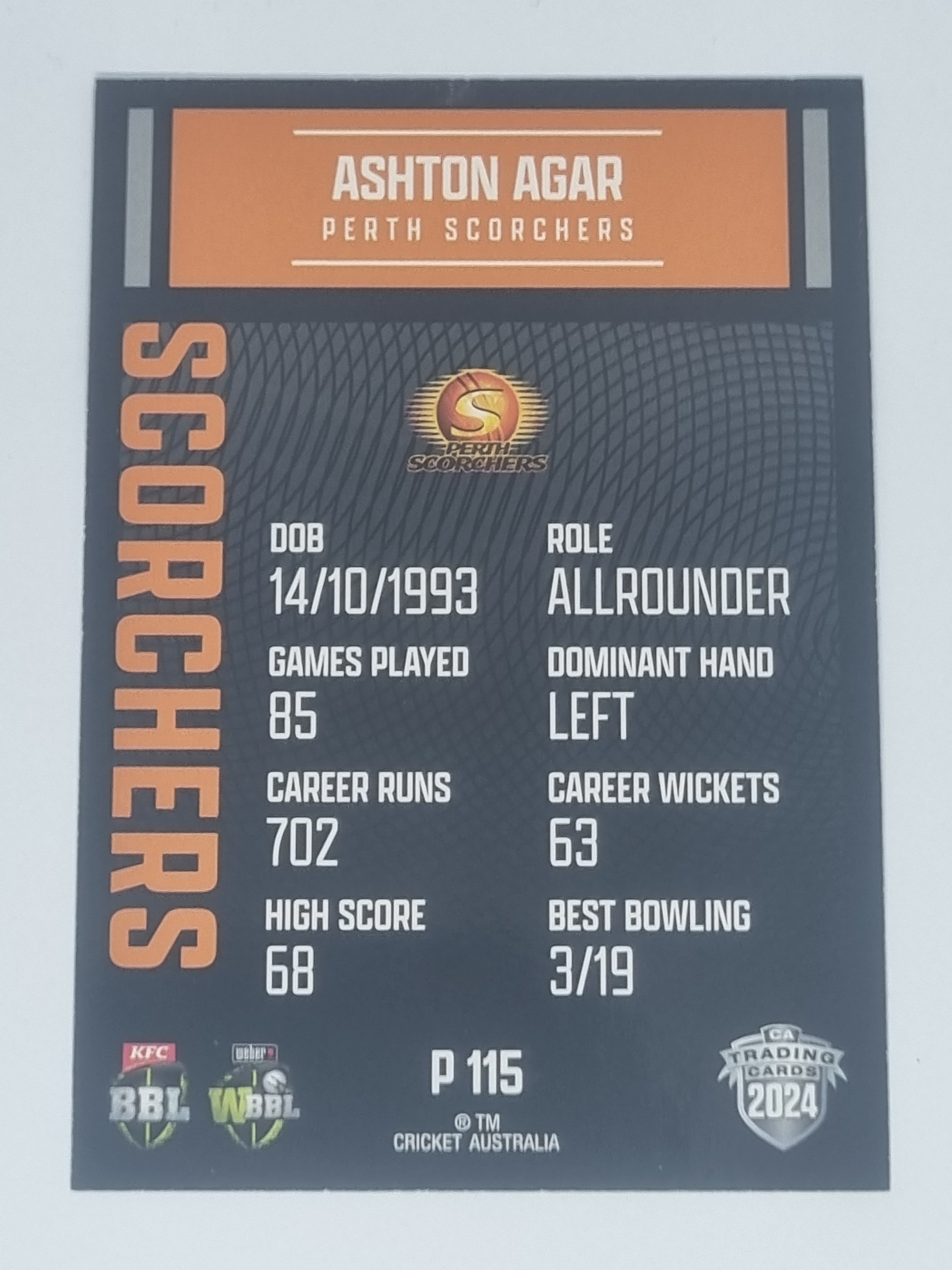 2024-25 LUXE Cricket Traders - Parallel - #P115 - Ashton Agar - Scorchers