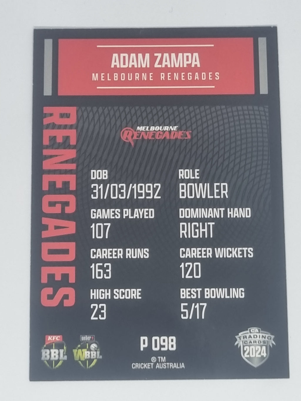 2024-25 LUXE Cricket Traders - Parallel - #P098 - Adam Zampa - Renegades