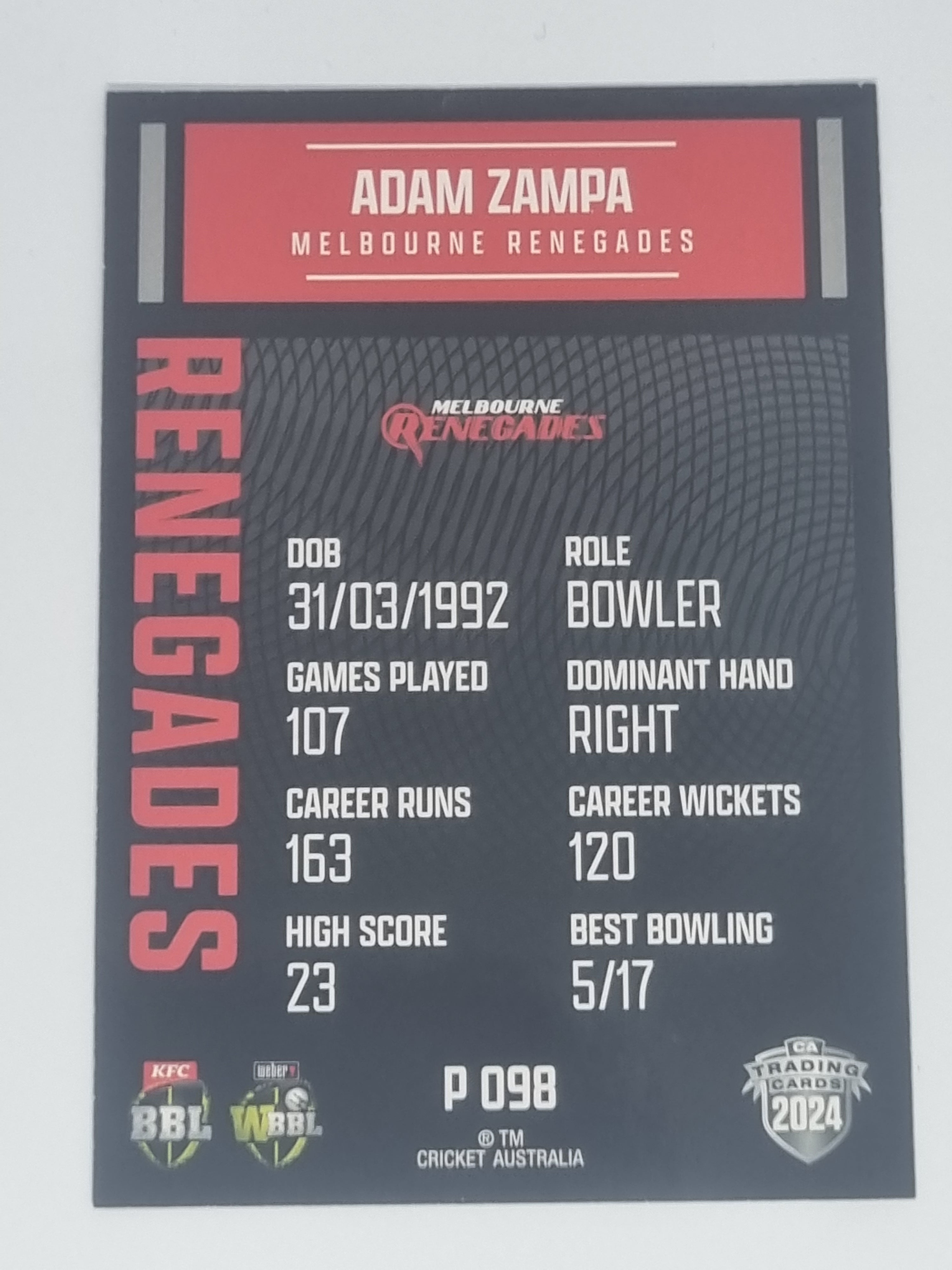 2024-25 LUXE Cricket Traders - Parallel - #P098 - Adam Zampa - Renegades