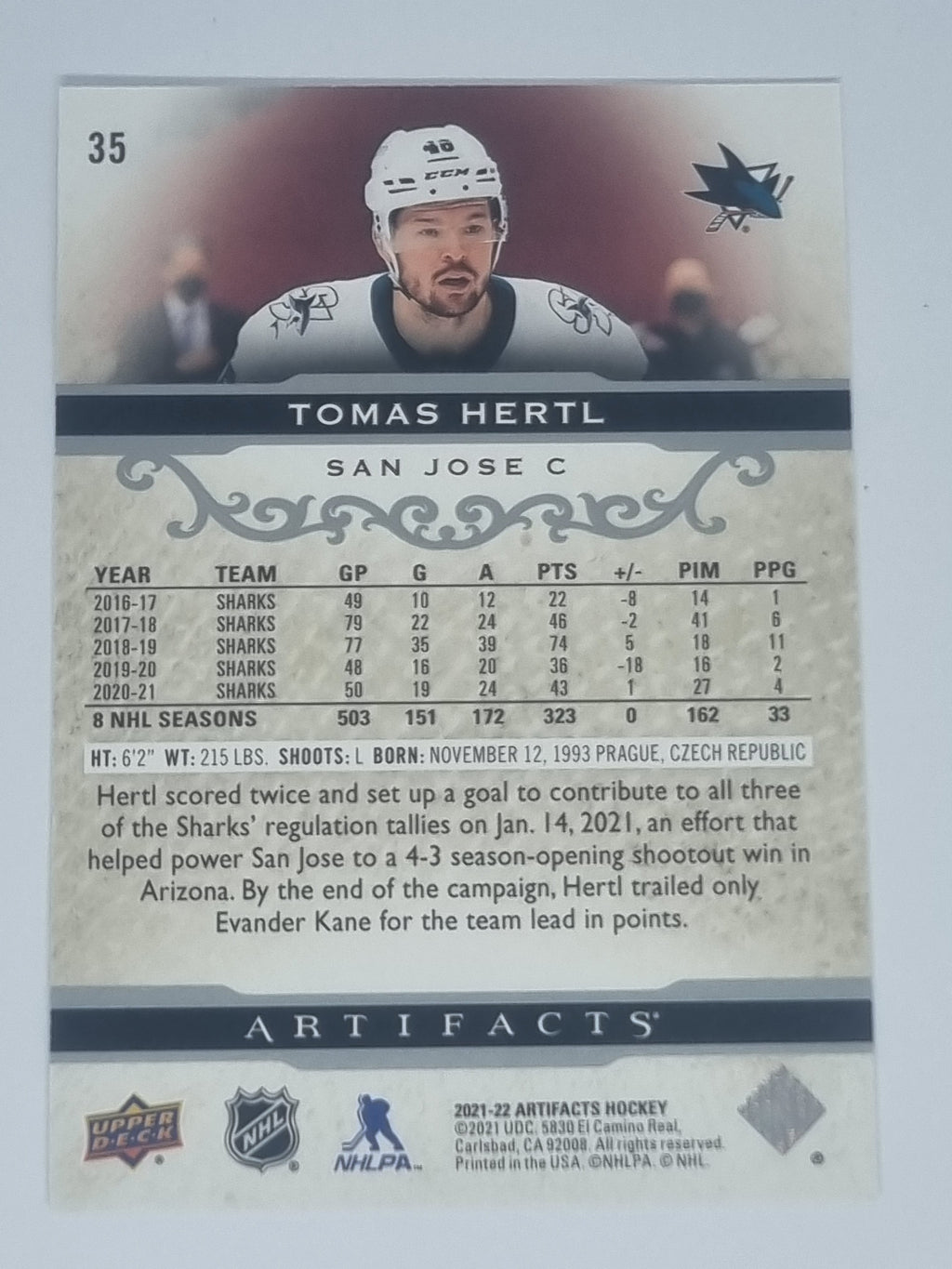 2021-22 Hockey Artifacts - #35 - Tomas Hertl - San Jose