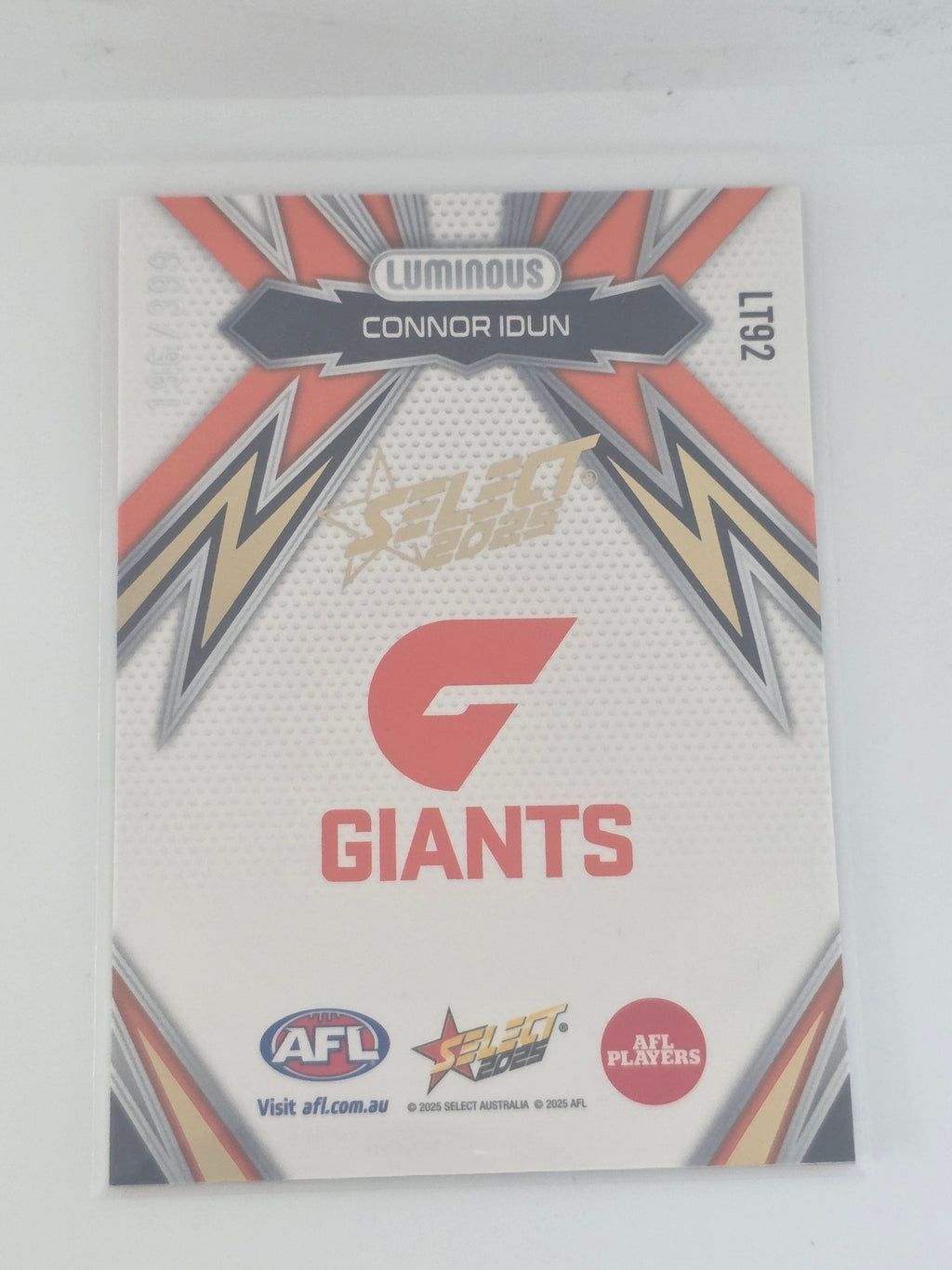 AFL Footy Stars 2025 Luminous Thunderbolt Gold #LT92 C. Idun GWS Giants #196/399