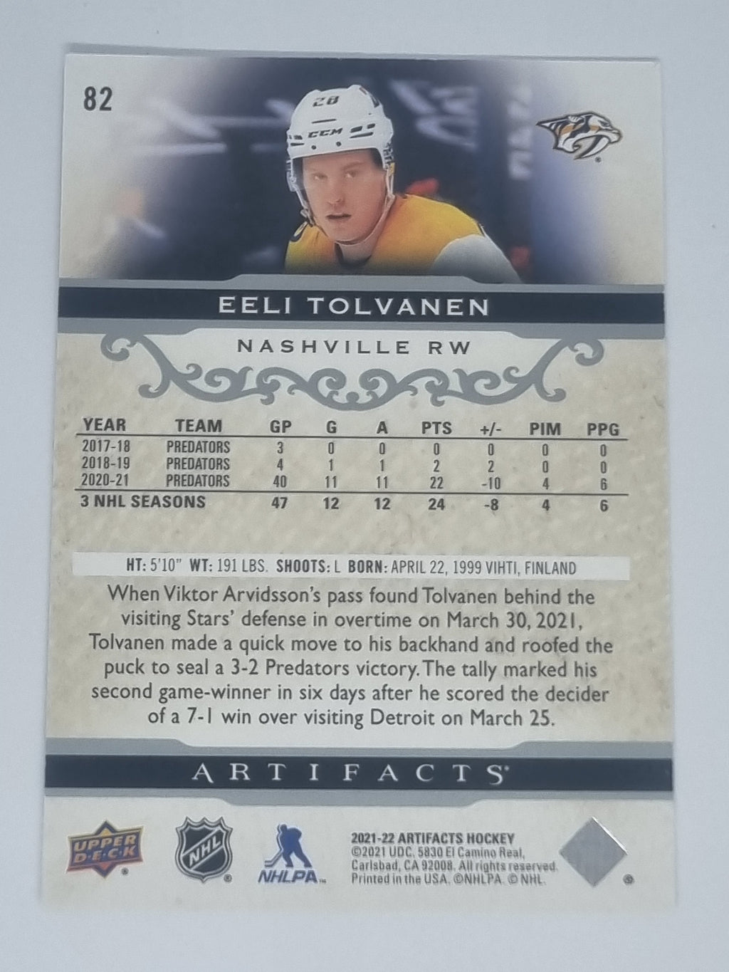 2021-22 Hockey Artifacts - #82 - Eeli Tolvanen - Nashville