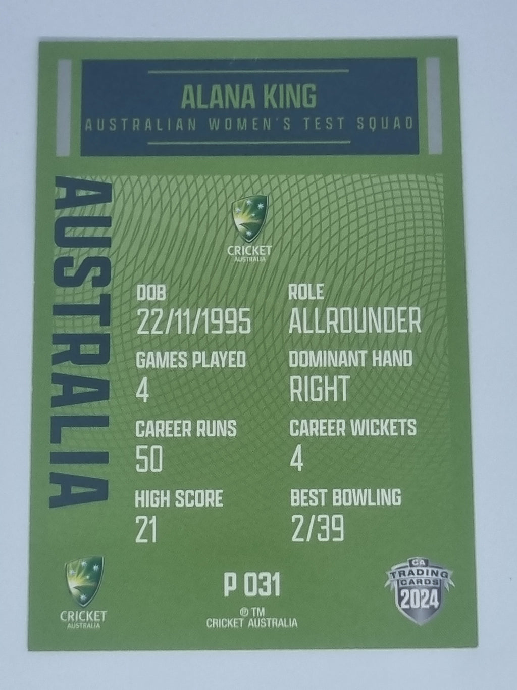 2024-25 LUXE Cricket Traders - Parallel - #P031 - Alana King - Aust Test