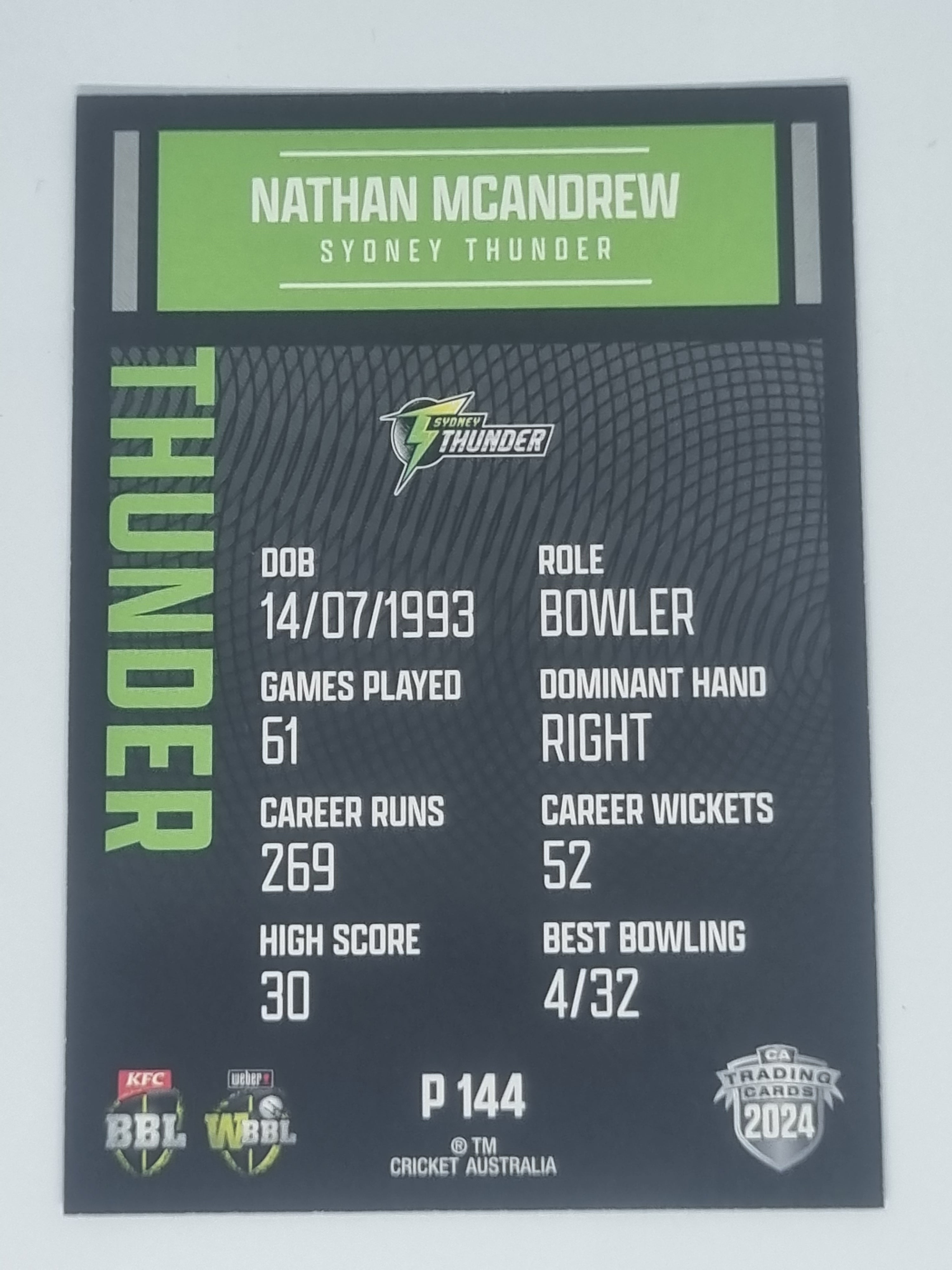 2024-25 LUXE Cricket Traders - Parallel - #P144 - Nathan McAndrew - Thunder