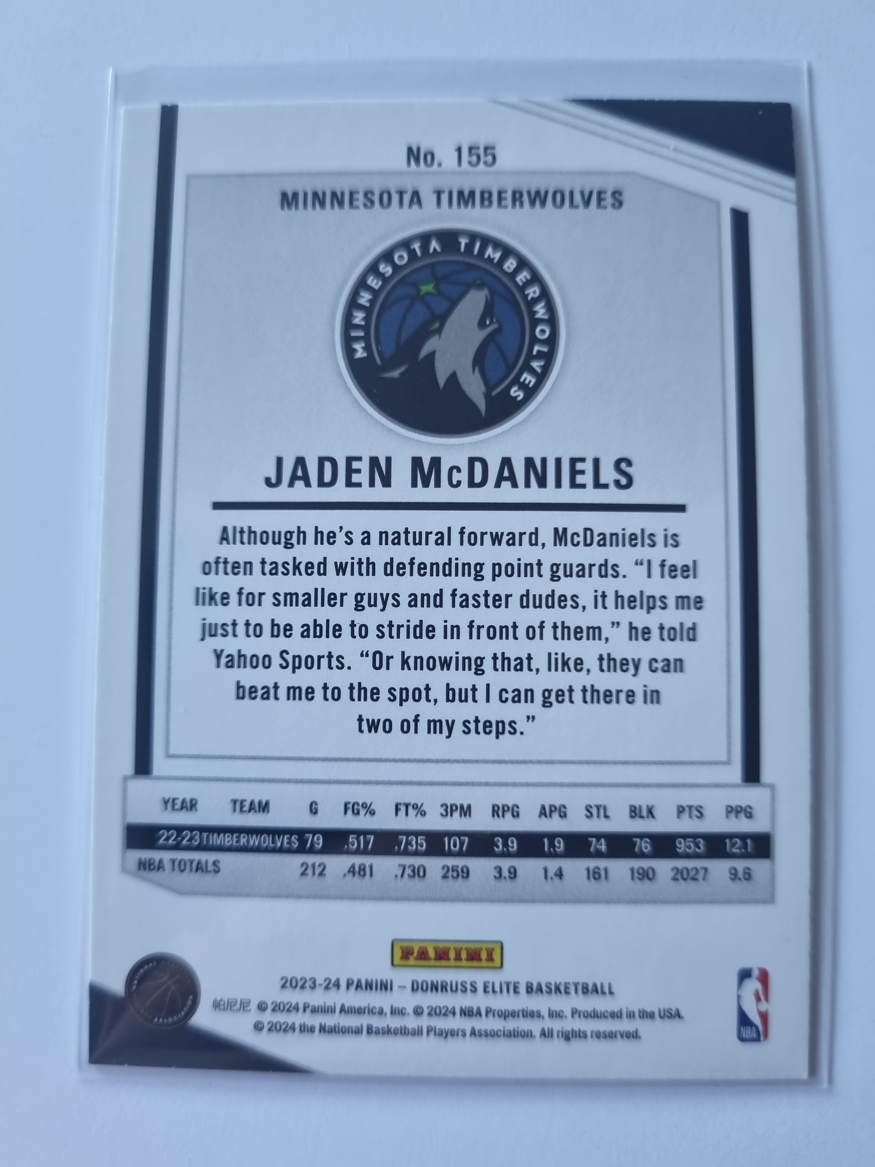 2023-24 Panini Donruss Elite - #155 - Jaden McDaniels - Minnesota Timberwolves