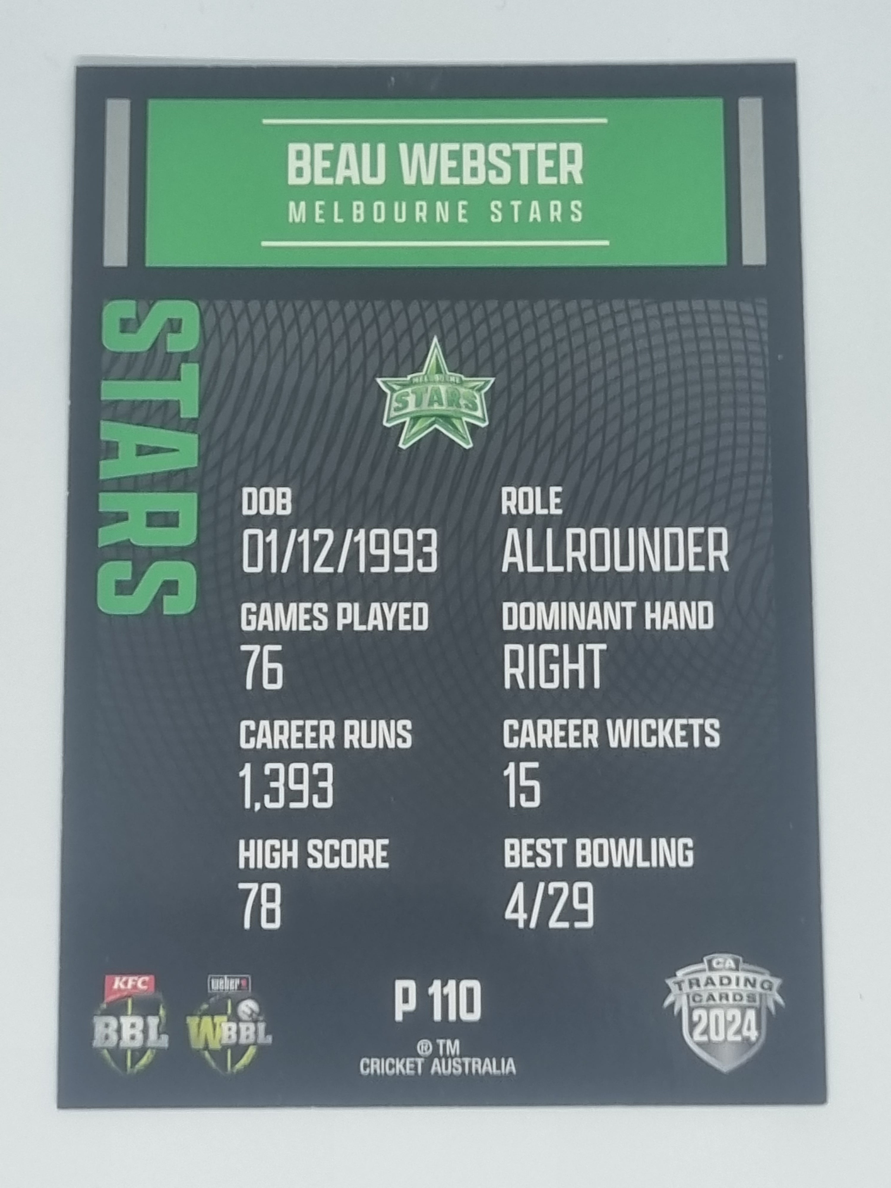 2024-25 LUXE Cricket Traders - Parallel - #P110 - Beau Webster - Stars