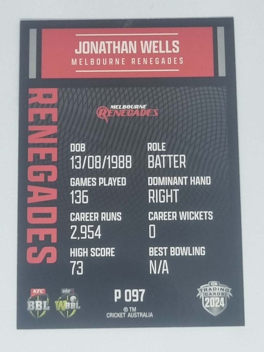 2024-25 LUXE Cricket Traders - Parallel - #P097 - Jonathan Wells - Renegades