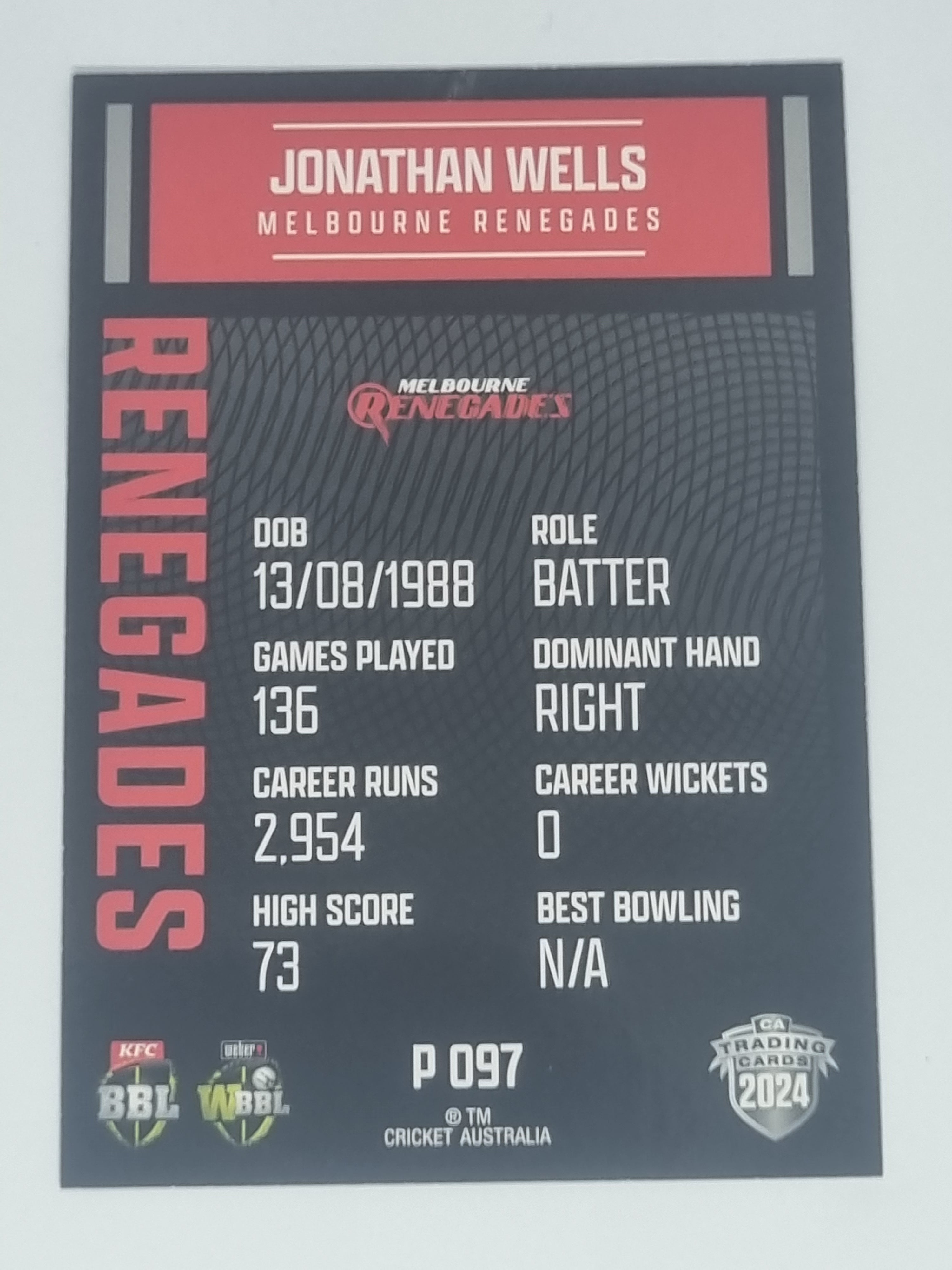 2024-25 LUXE Cricket Traders - Parallel - #P097 - Jonathan Wells - Renegades