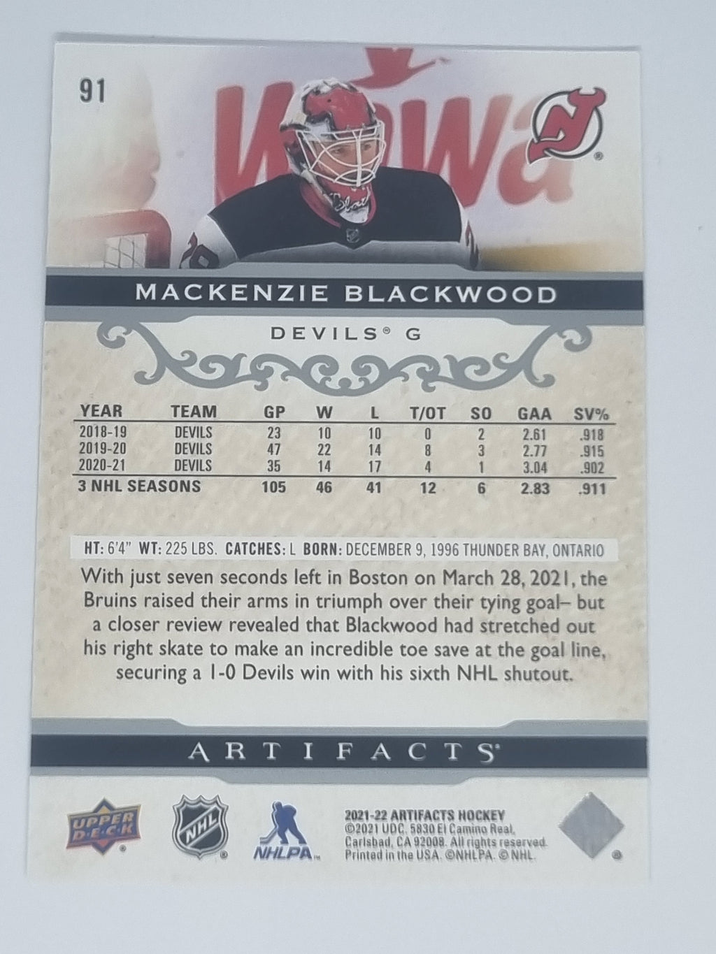 2021-22 Hockey Artifacts - #91 - Mackenzie Blackwood - Devils