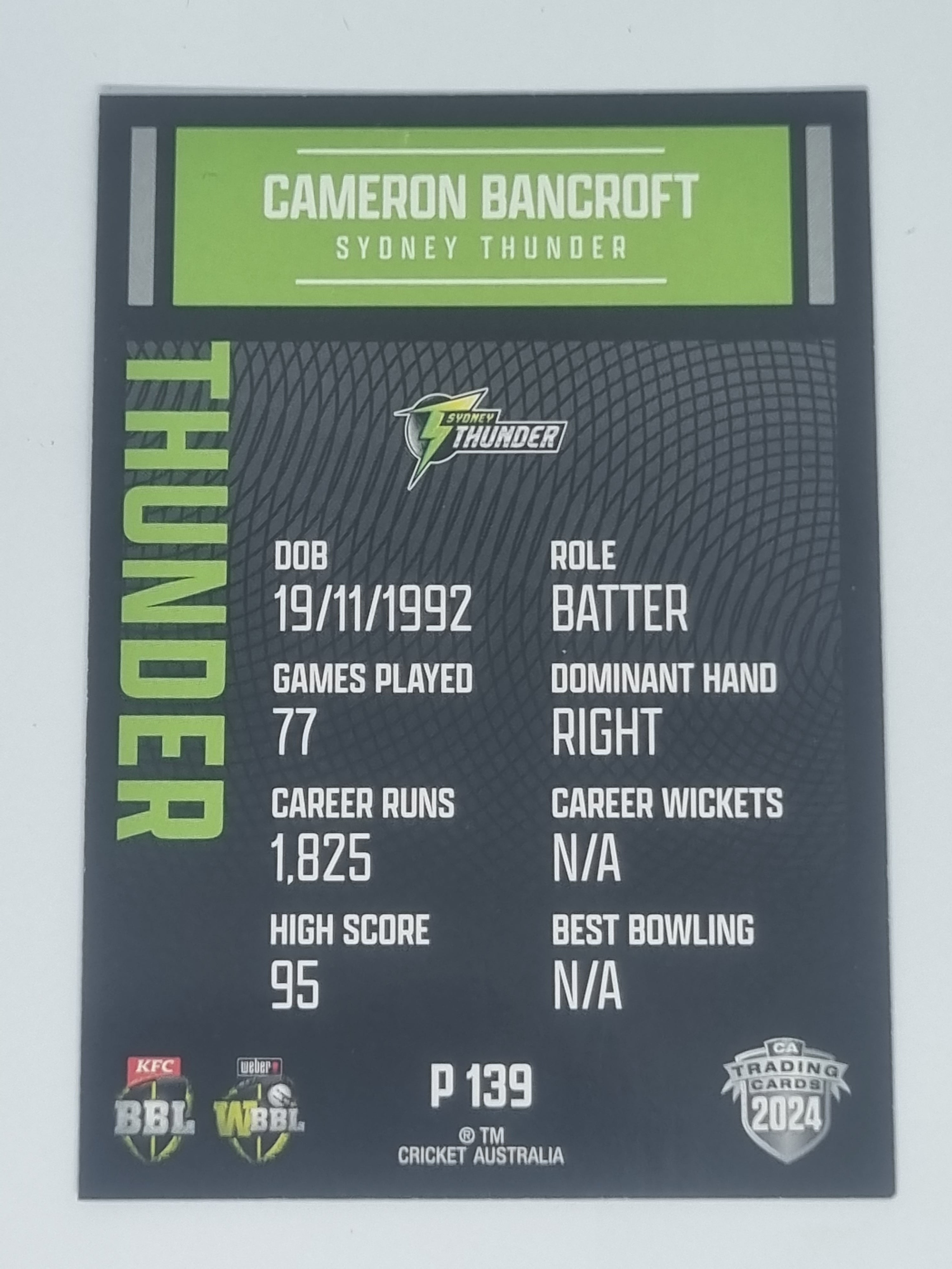 2024-25 LUXE Cricket Traders - Parallel - #P139 - Cameron Bancroft - Thunder