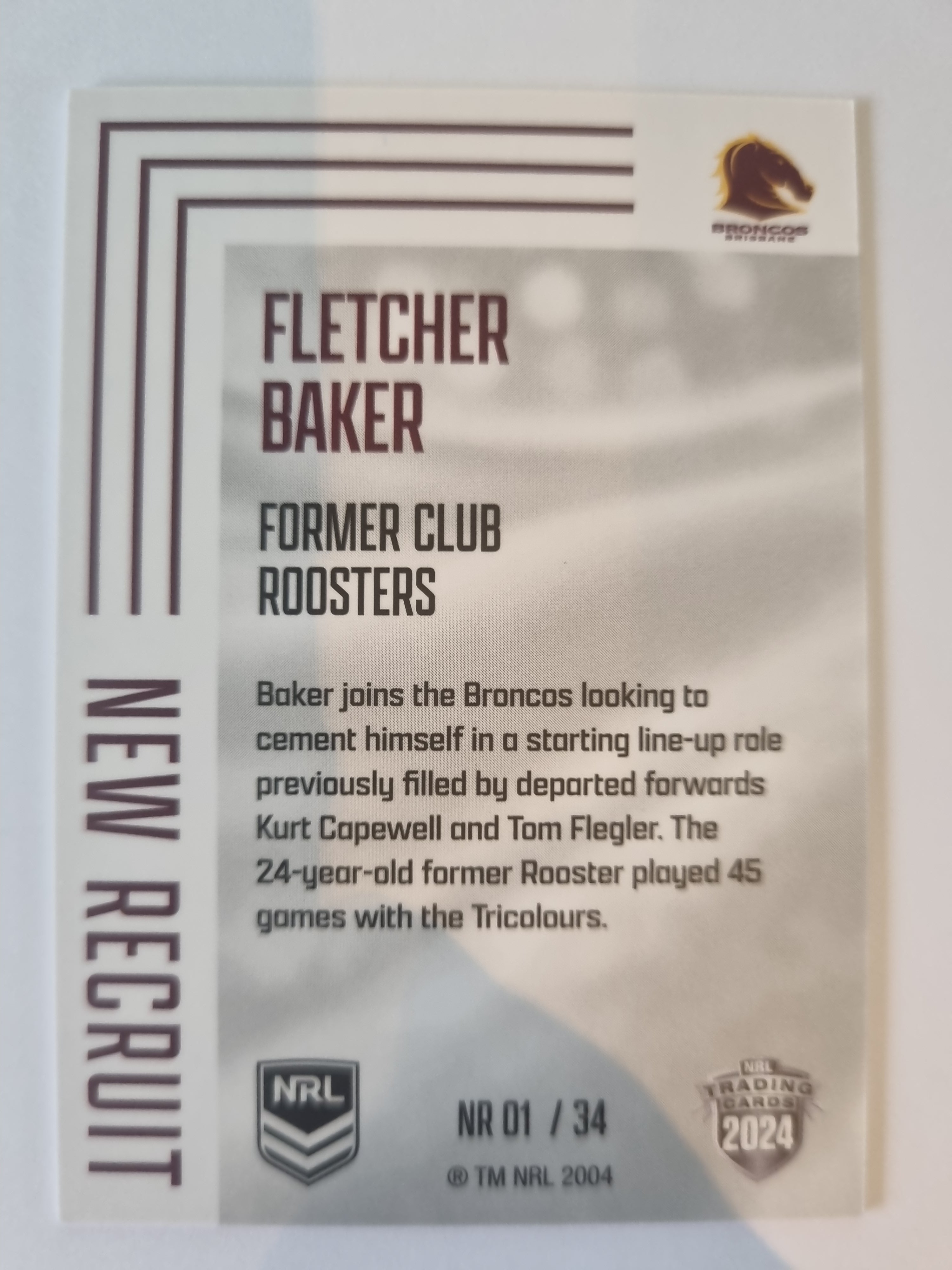 2024 Elite NRL - New Recruit - #NR01 - Fletcher Baker - Broncos