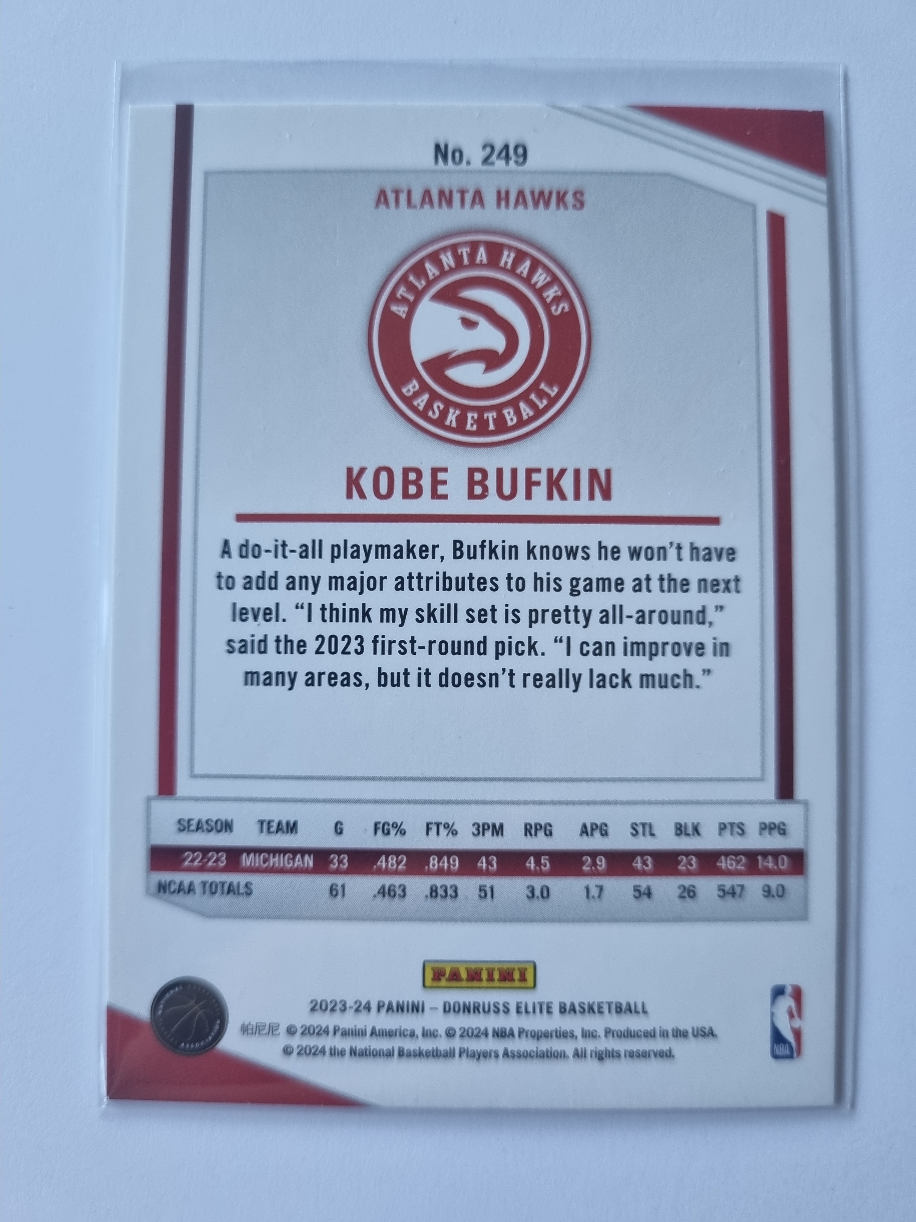 2023-24 Panini Donruss Elite - #249 - Kobe Bufkin - Atlanta Hawks - RC