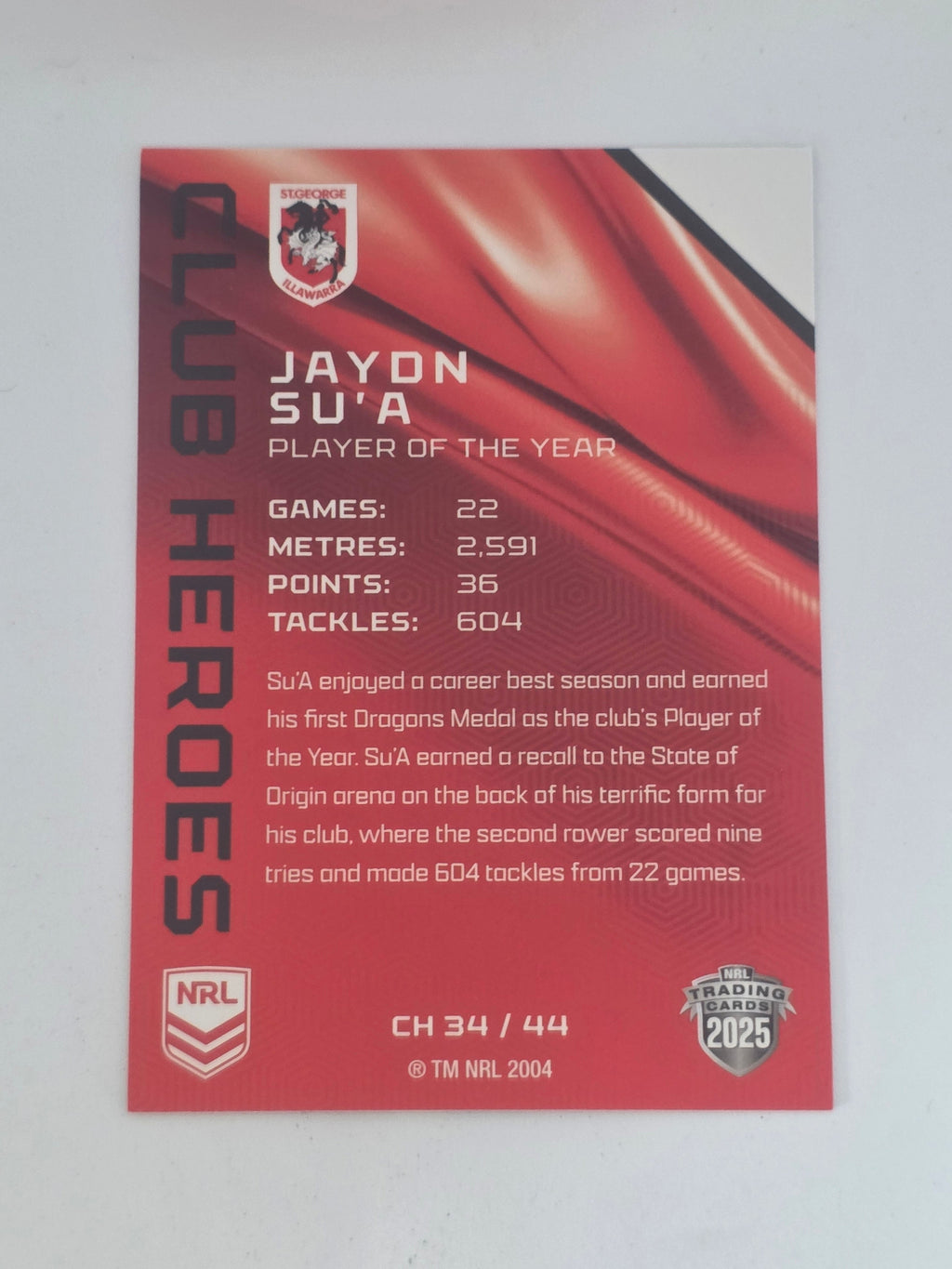 NRL 2025 Traders | Club Heroes | #CH34 | Jaydn Su'a | Dragons