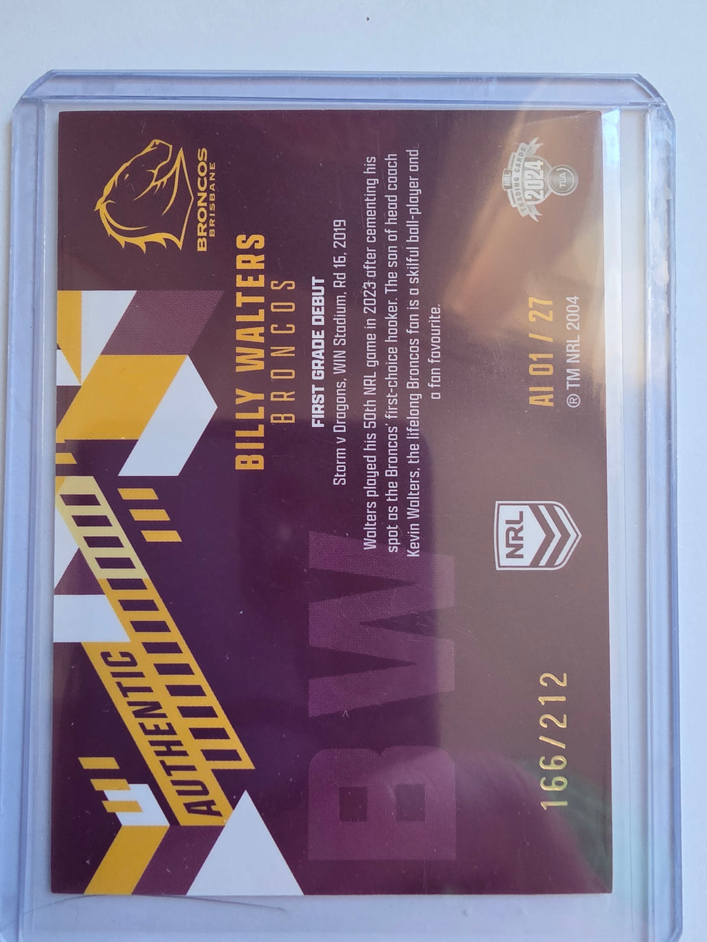 NRL 2024 Traders - Authentic Initials - #AI01 - Billy Walters-#166/212