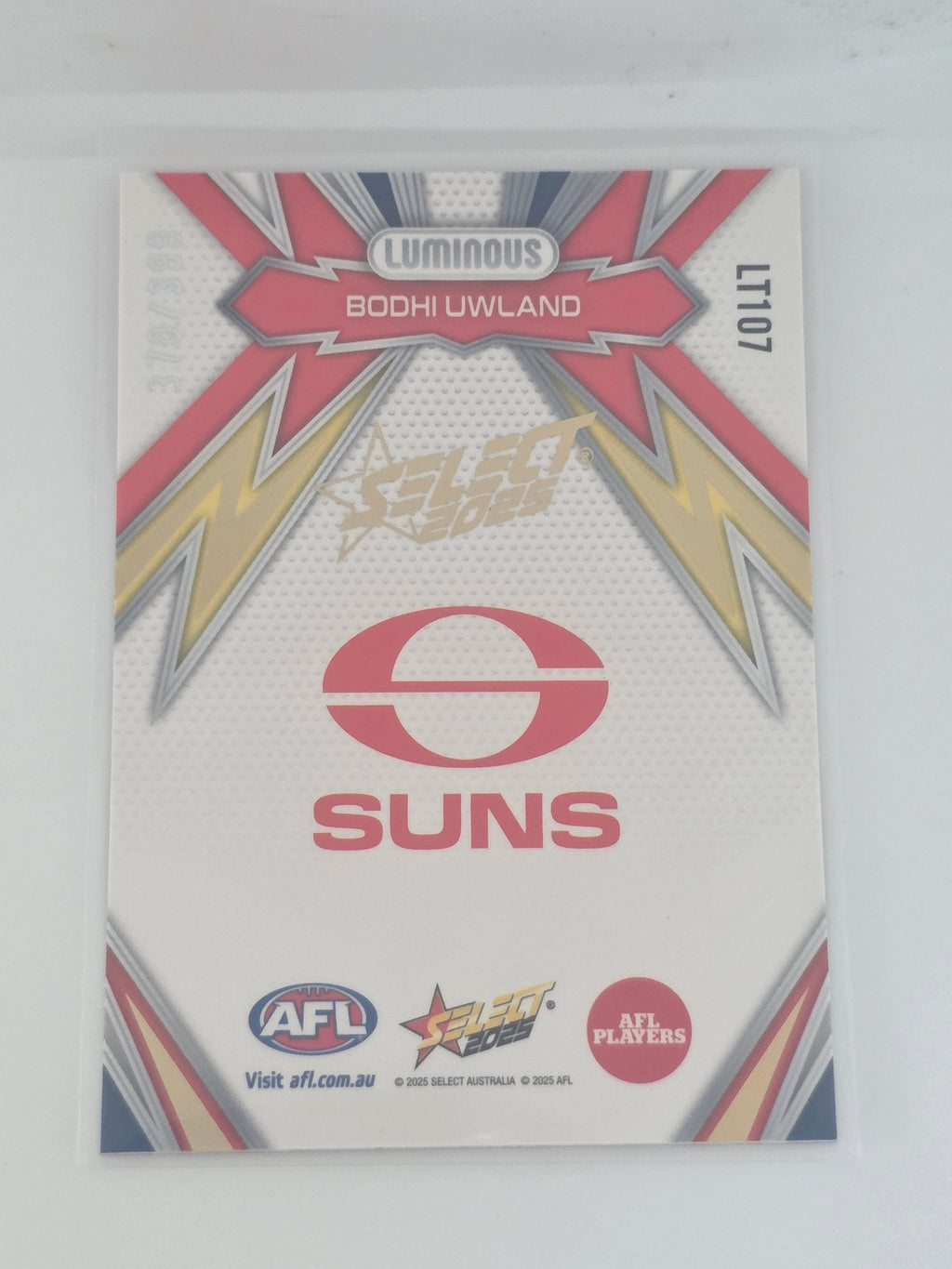AFL Footy Stars 2025 Luminous Thunderbolt Gold #LT107 B. Uwland Suns #370/399