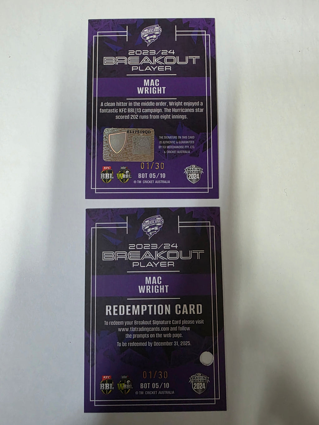 24-25 LUXE Cricket Breakouts Team Signature #BOT05 Mac Wright #01/30 Hurricanes