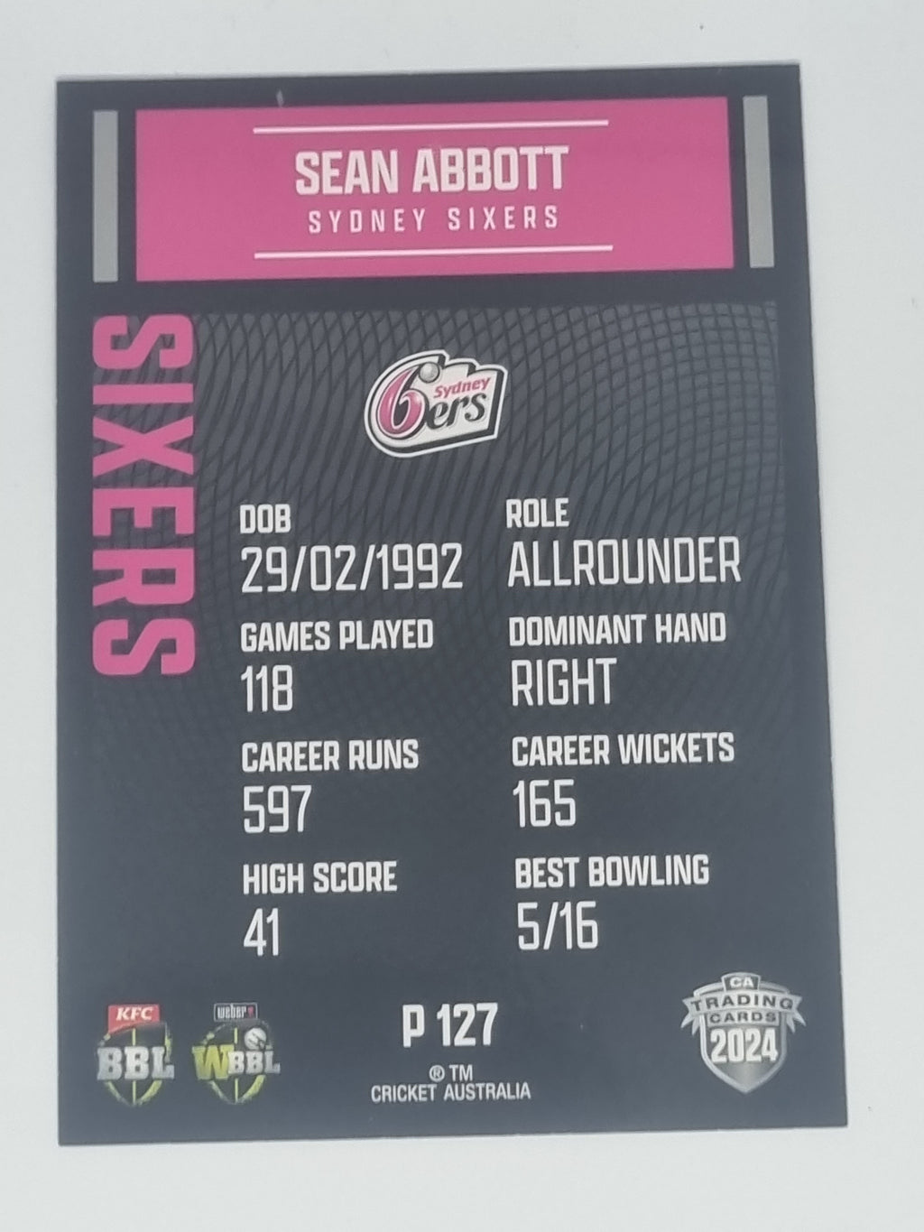 2024-25 LUXE Cricket Traders - Parallel - #P127 - Sean Abbott - Sixers