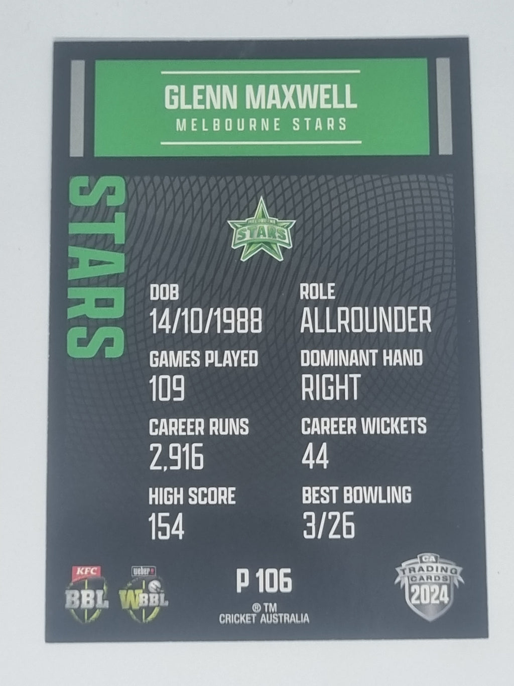 2024-25 LUXE Cricket Traders - Parallel - #P106 - Glenn Maxwell - Stars