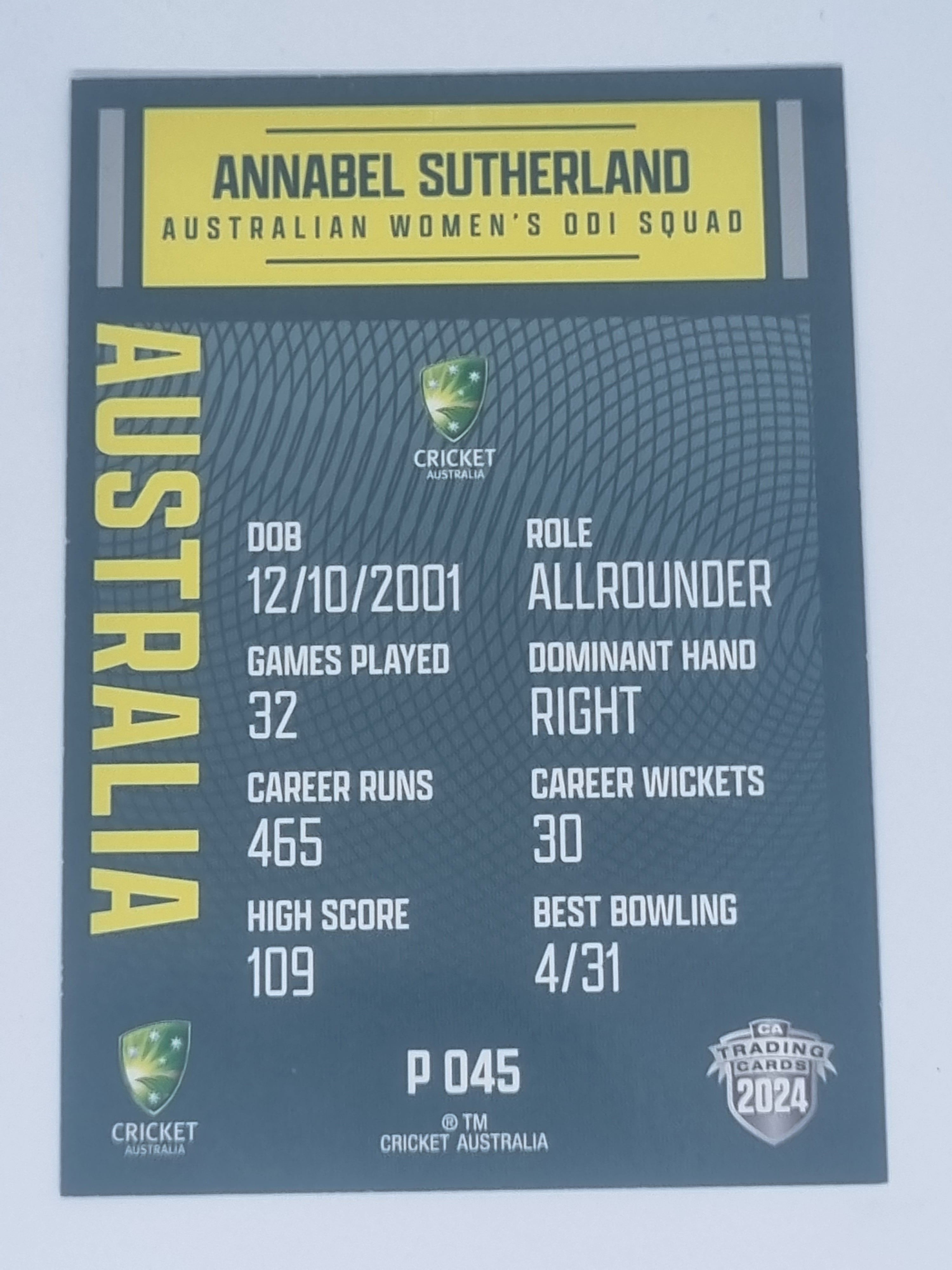 2024-25 LUXE Cricket Traders - Parallel - #P045 - Annabel Sutherland - Aust T20