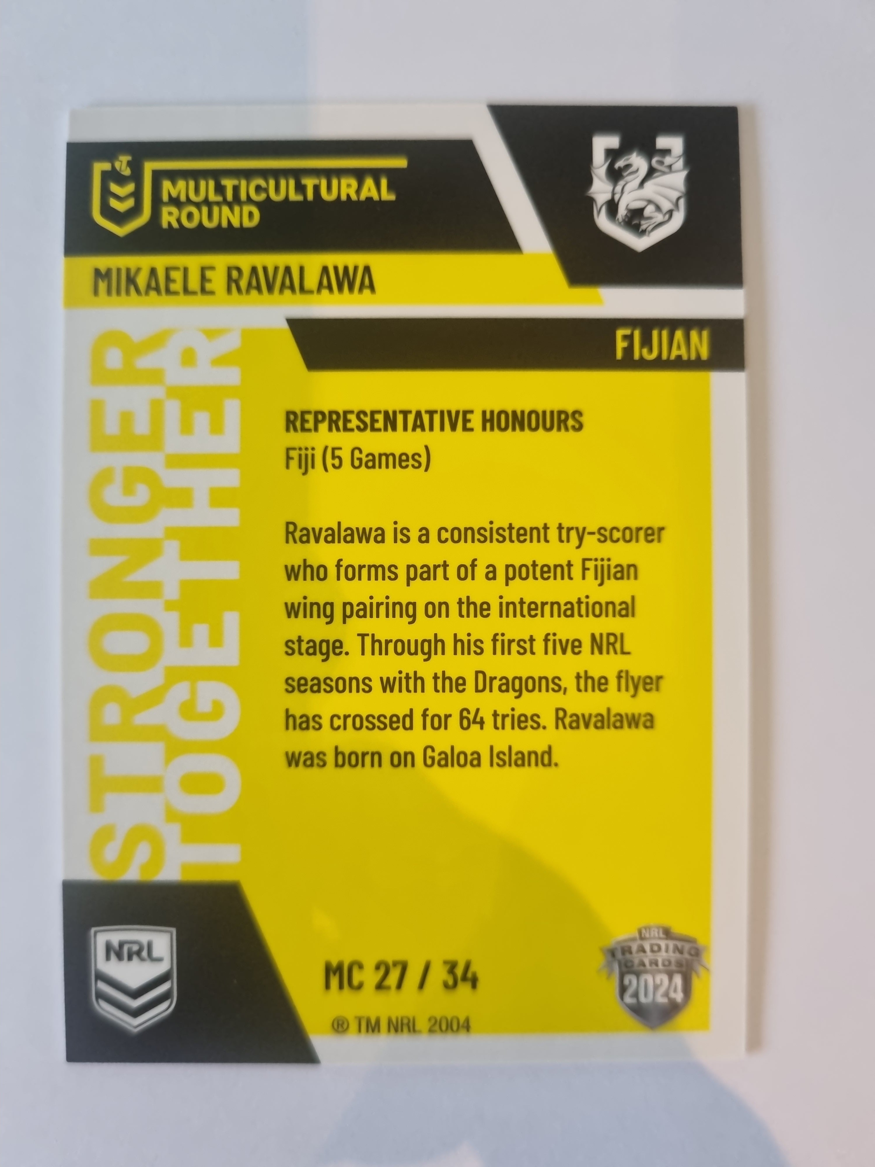 2024 Elite NRL - Multicultural Round - #MC27 - Mikaele Ravalawa - Dragons