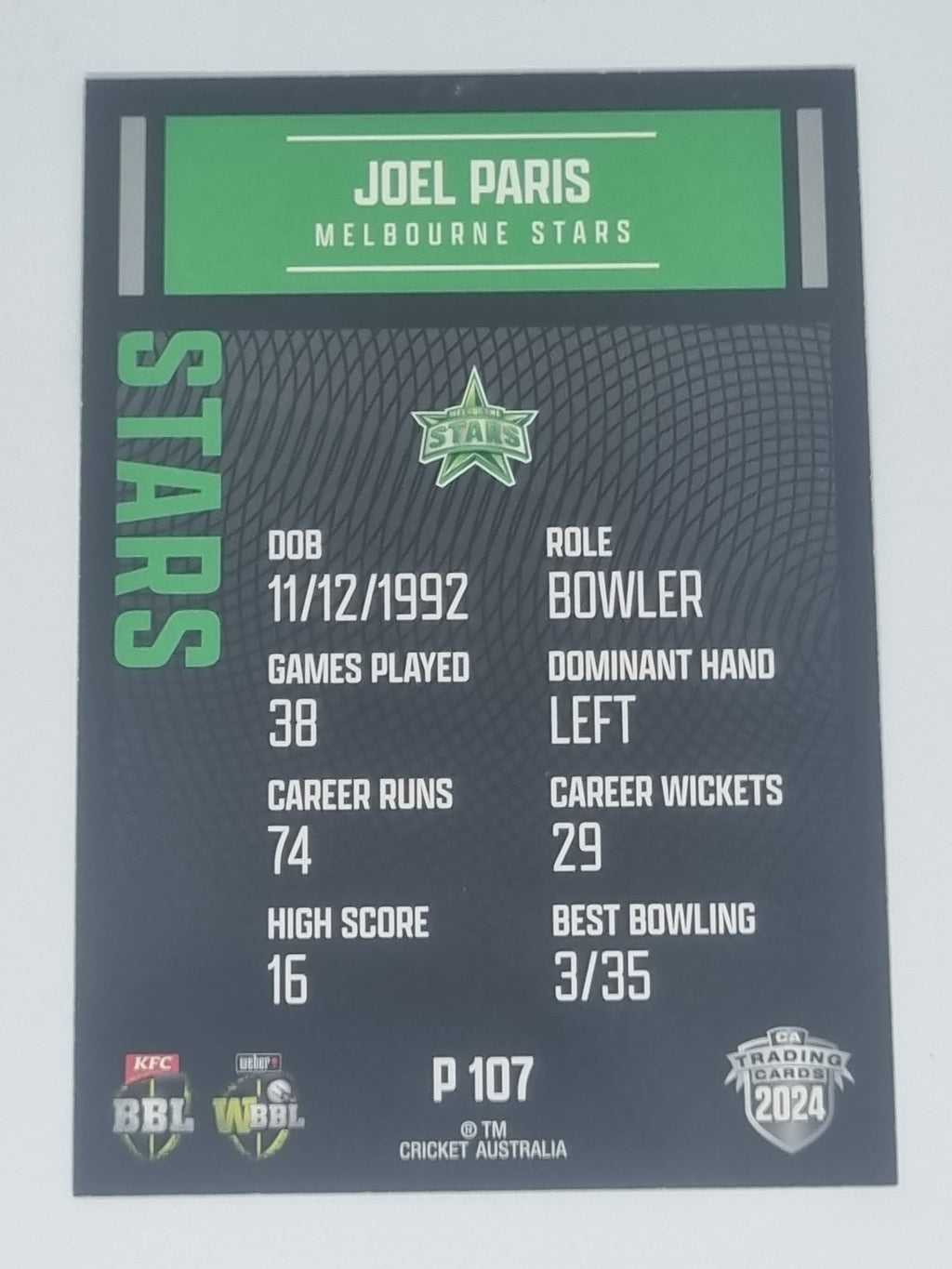 2024-25 LUXE Cricket Traders - Parallel - #P107 - Joel Paris - Stars