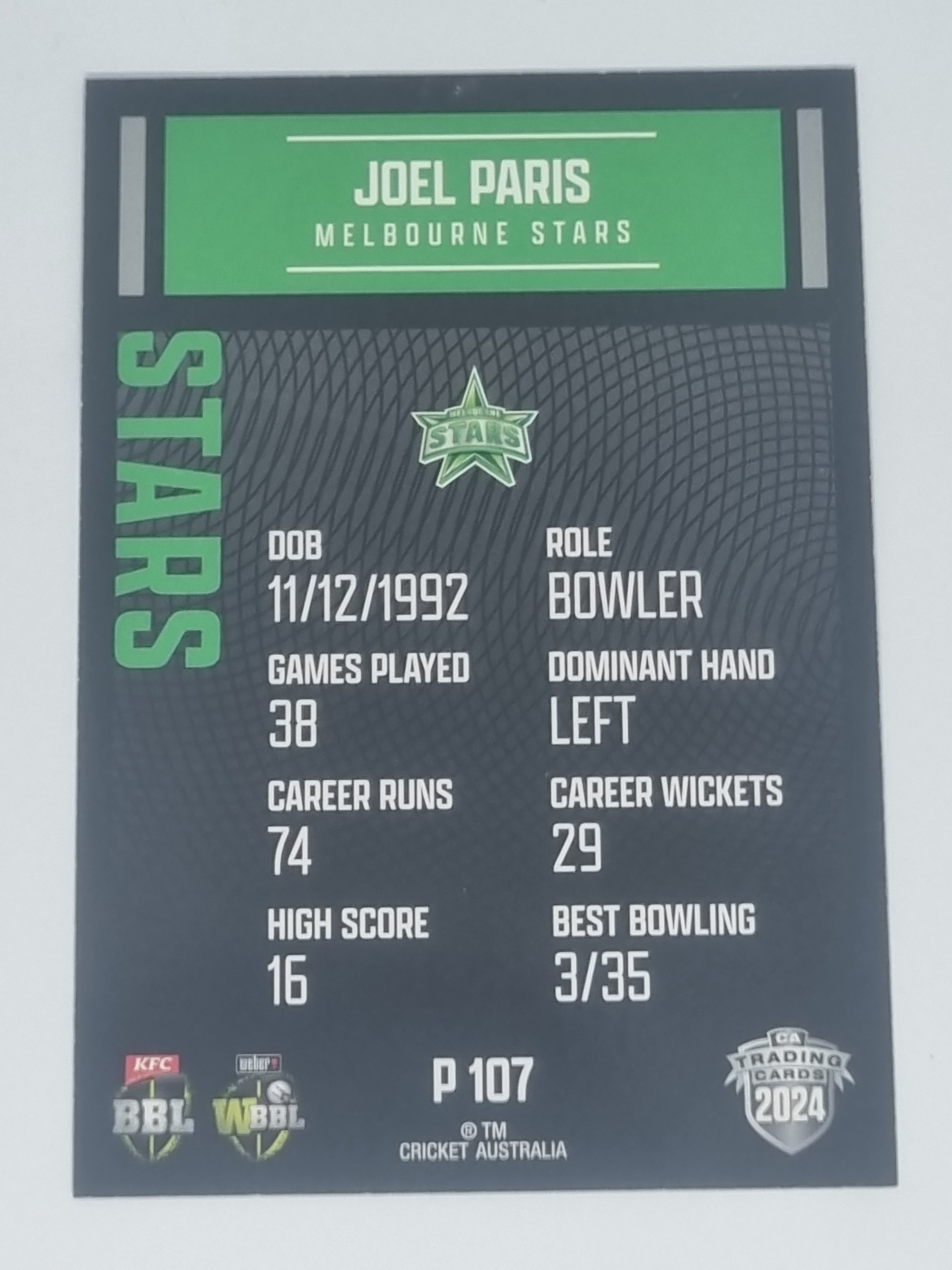 2024-25 LUXE Cricket Traders - Parallel - #P107 - Joel Paris - Stars