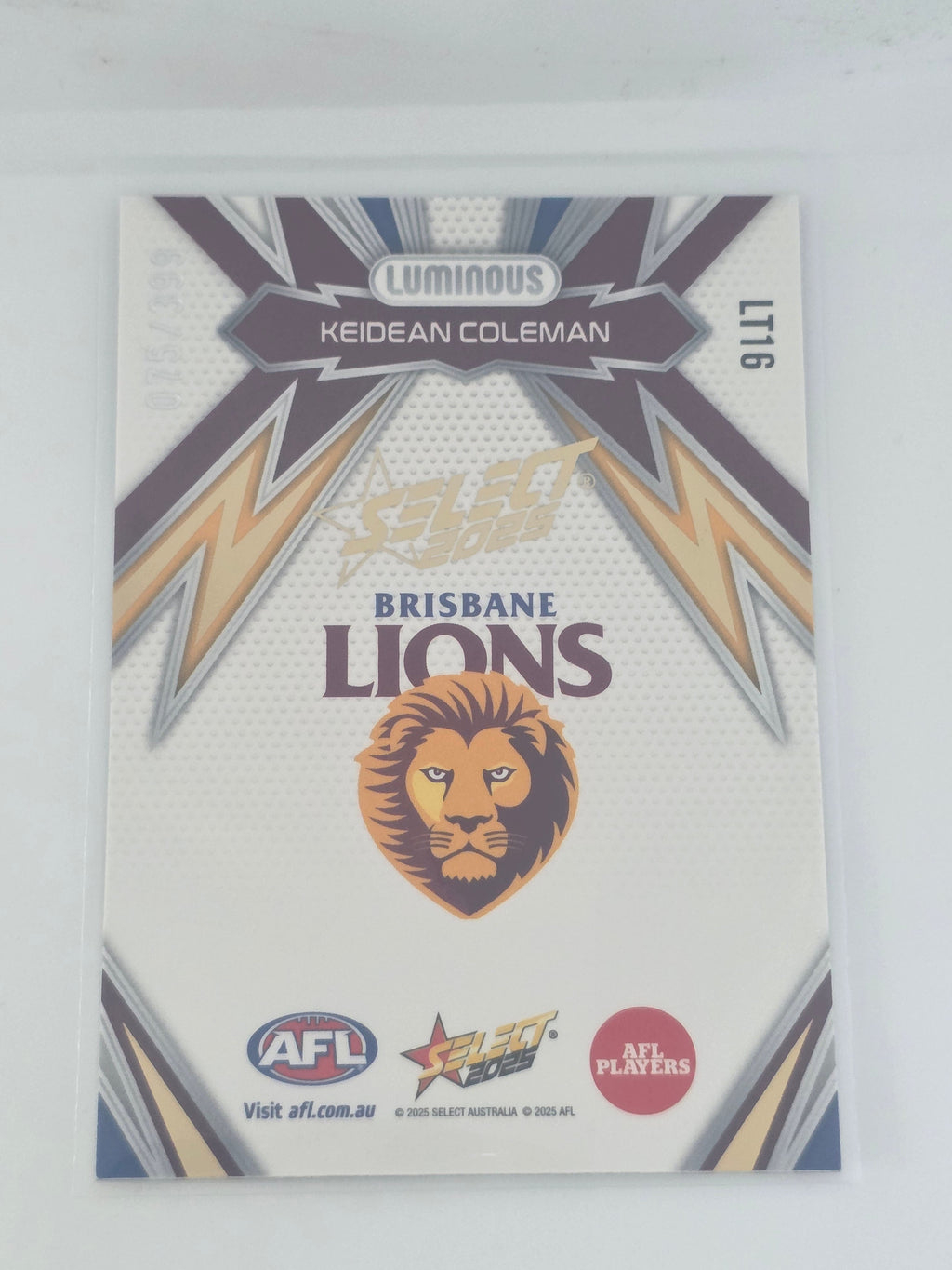 AFL Footy Stars 2025 Luminous Thunderbolt Gold #LT16 K. Coleman Brisbane #075/399