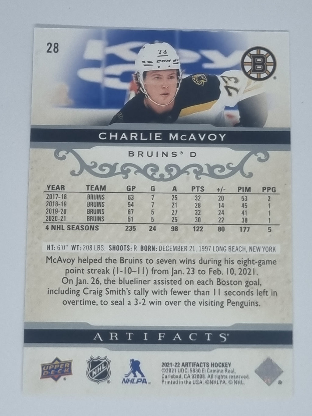 2021-22 Hockey Artifacts - #28 - Charlie McAvoy - Bruins