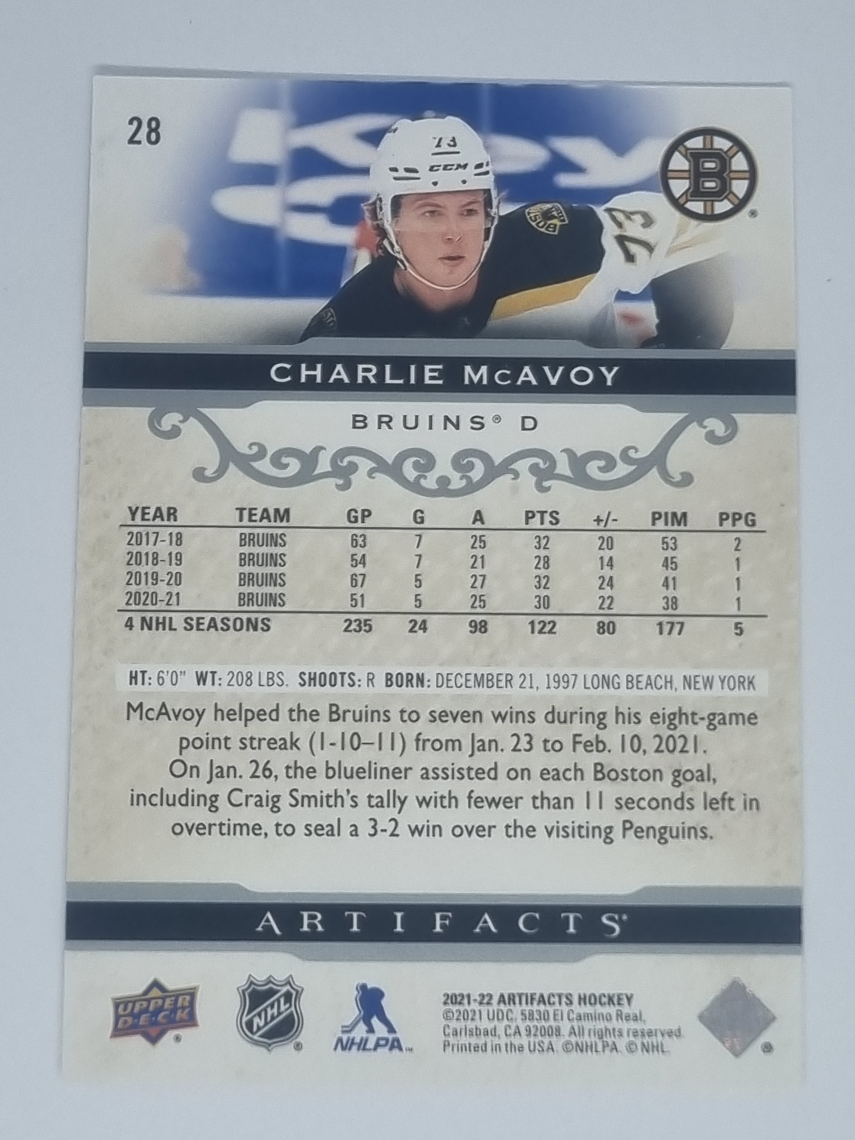 2021-22 Hockey Artifacts - #28 - Charlie McAvoy - Bruins