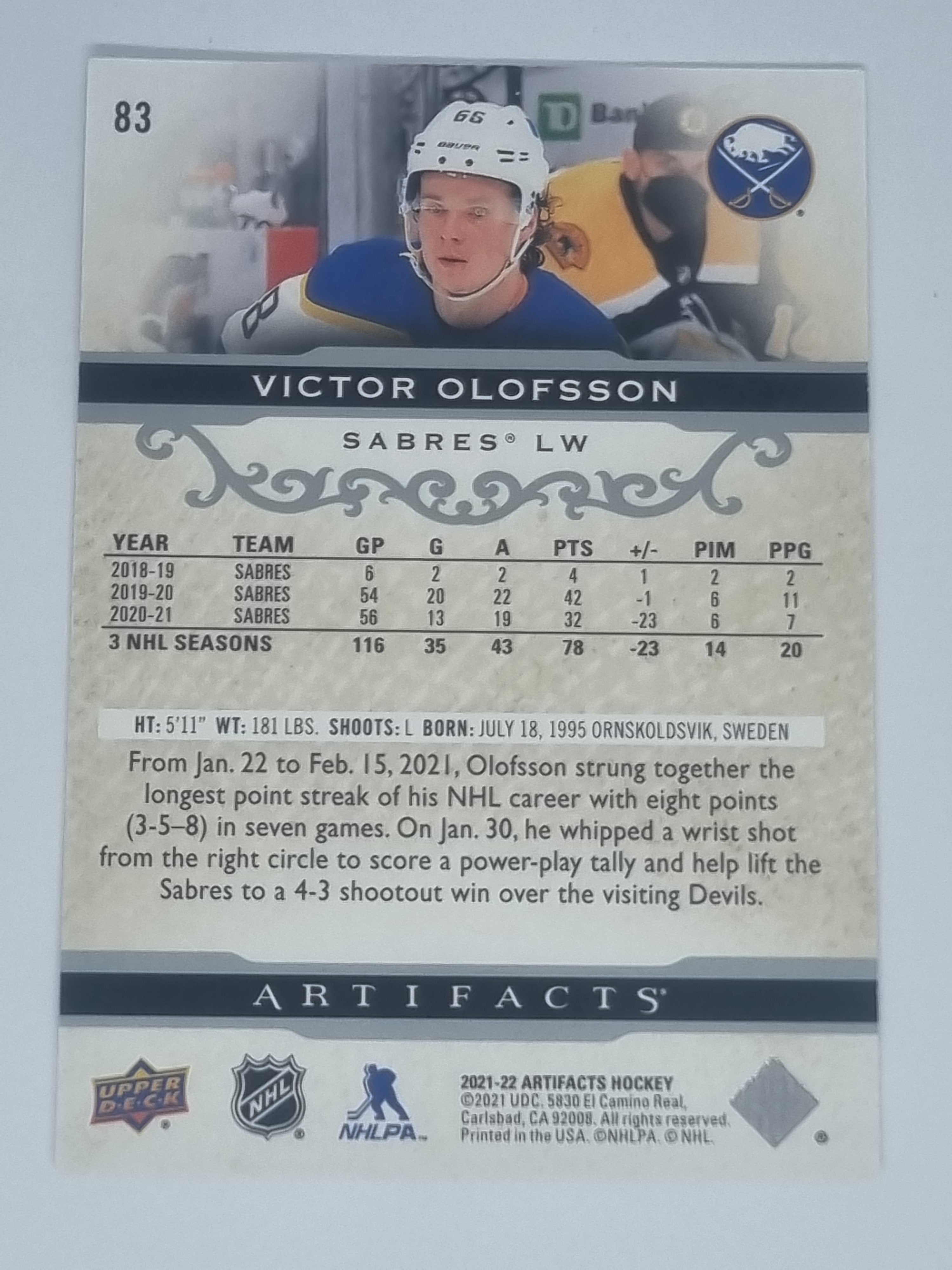 2021-22 Hockey Artifacts - #83 - Victor Olofsson - Sabres