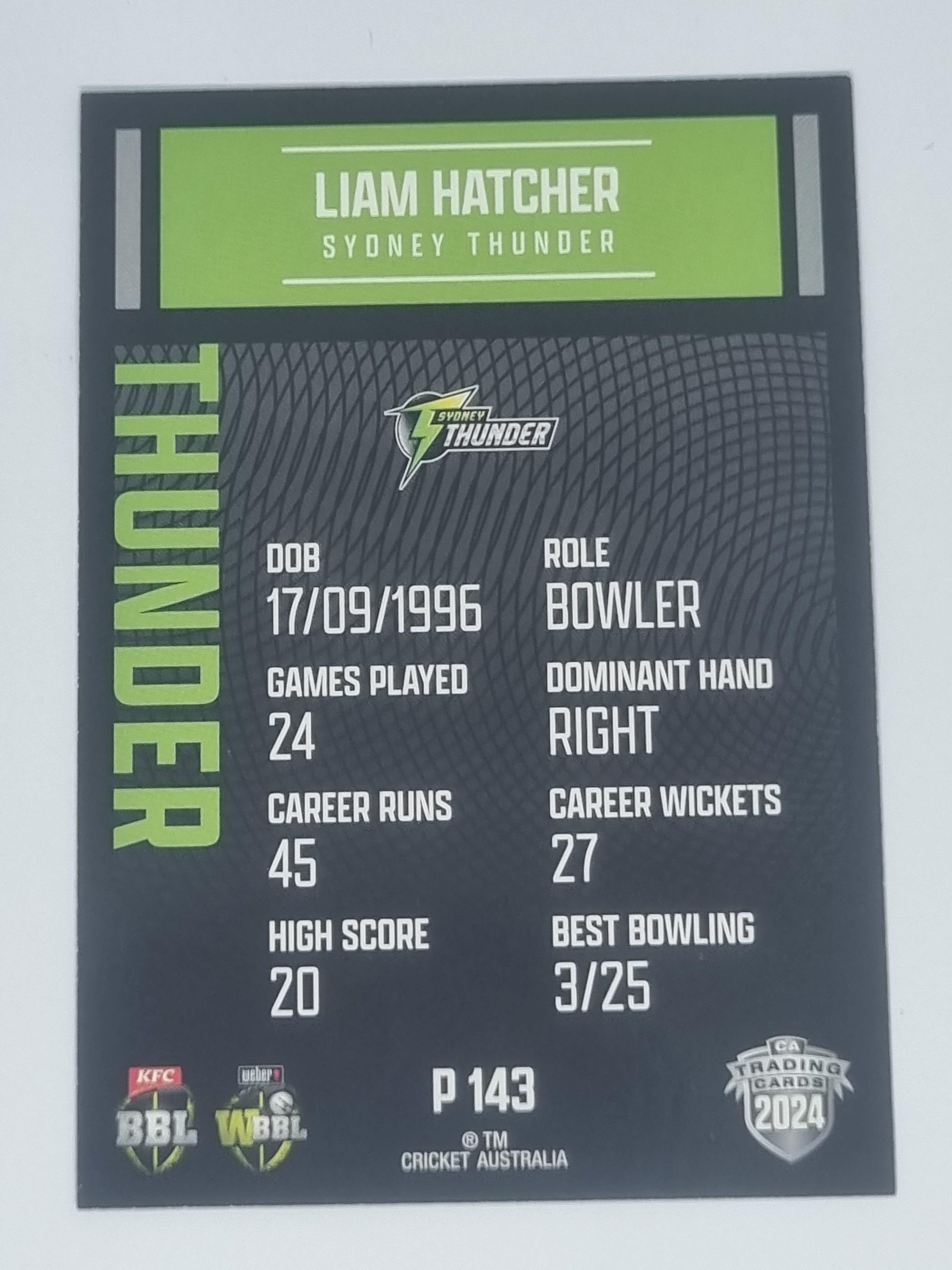 2024-25 LUXE Cricket Traders - Parallel - #P143 - Liam Hatcher - Thunder