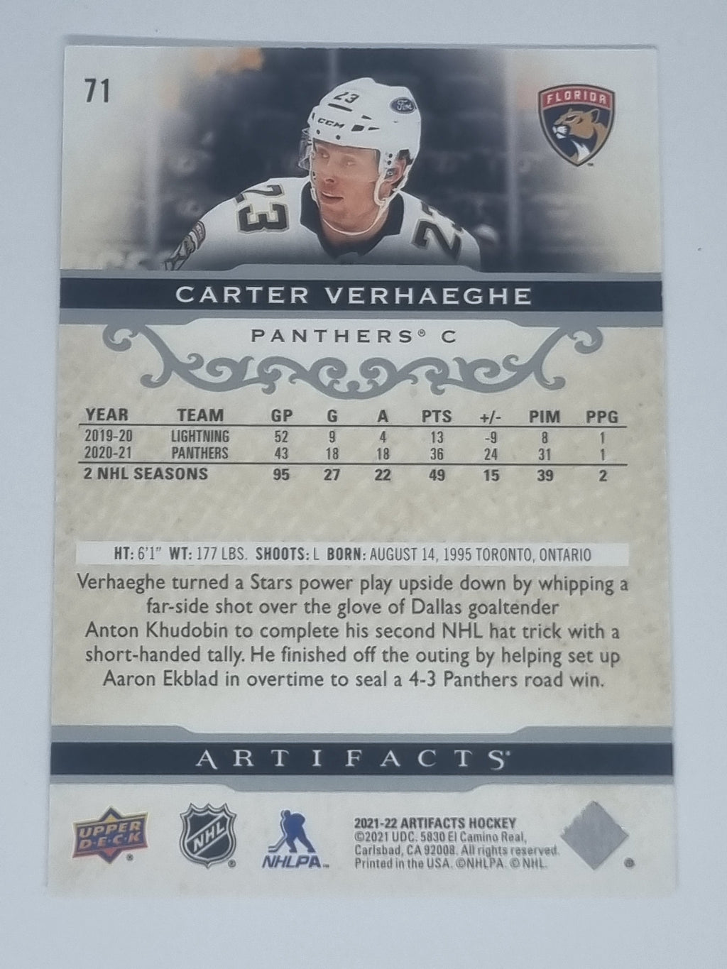 2021-22 Hockey Artifacts - #71 - Carter Verhaeghe - Panthers