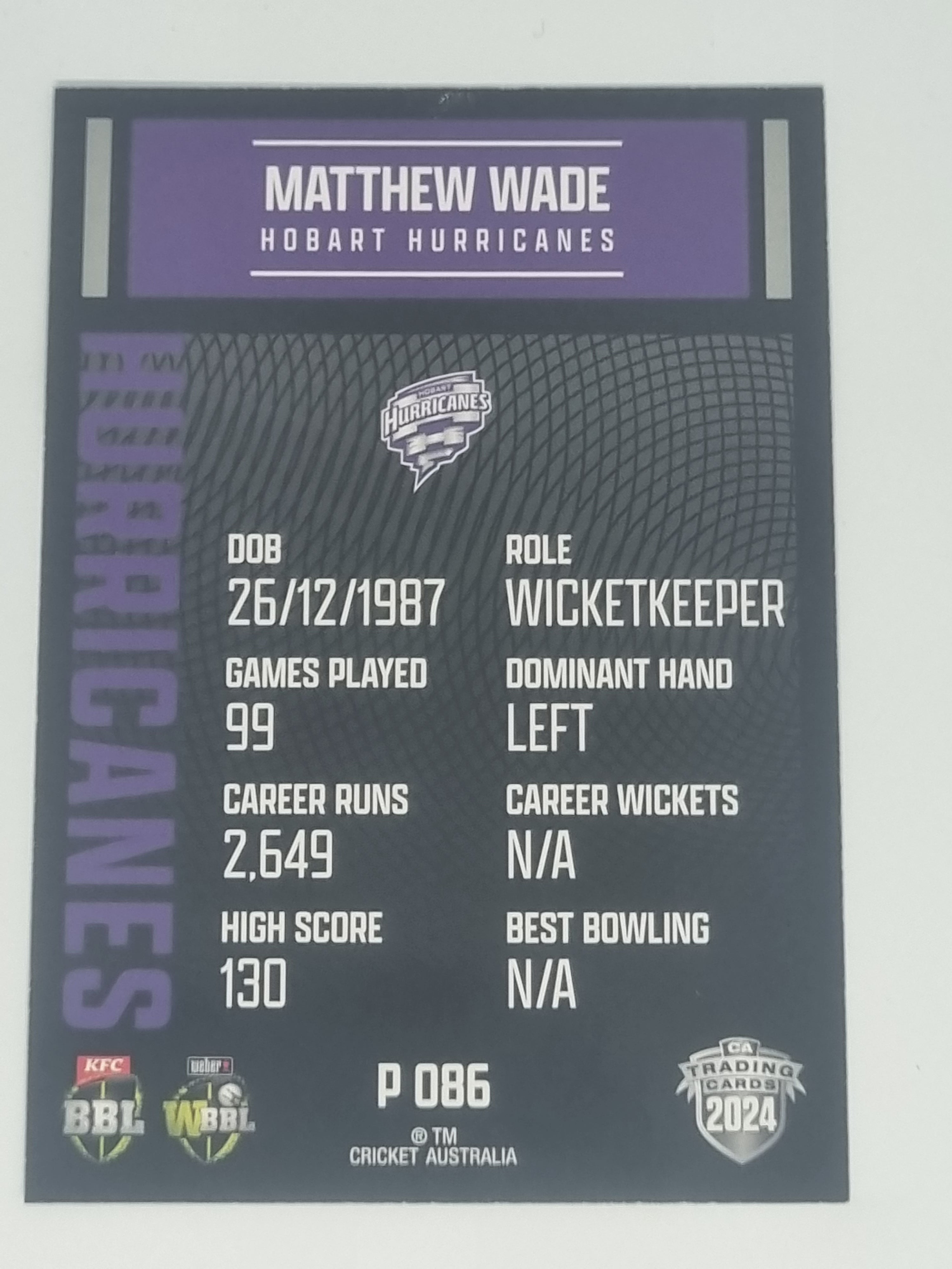 2024-25 LUXE Cricket Traders - Parallel - #P086 - Matthew Wade - Hurricanes