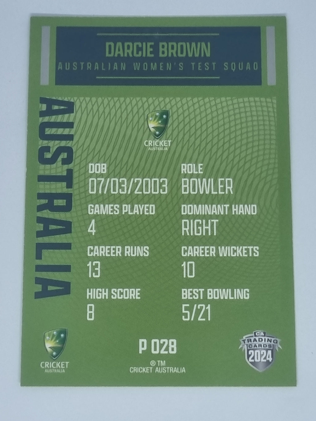 2024-25 LUXE Cricket Traders - Parallel - #P028 - Darcie Brown - Aust Test