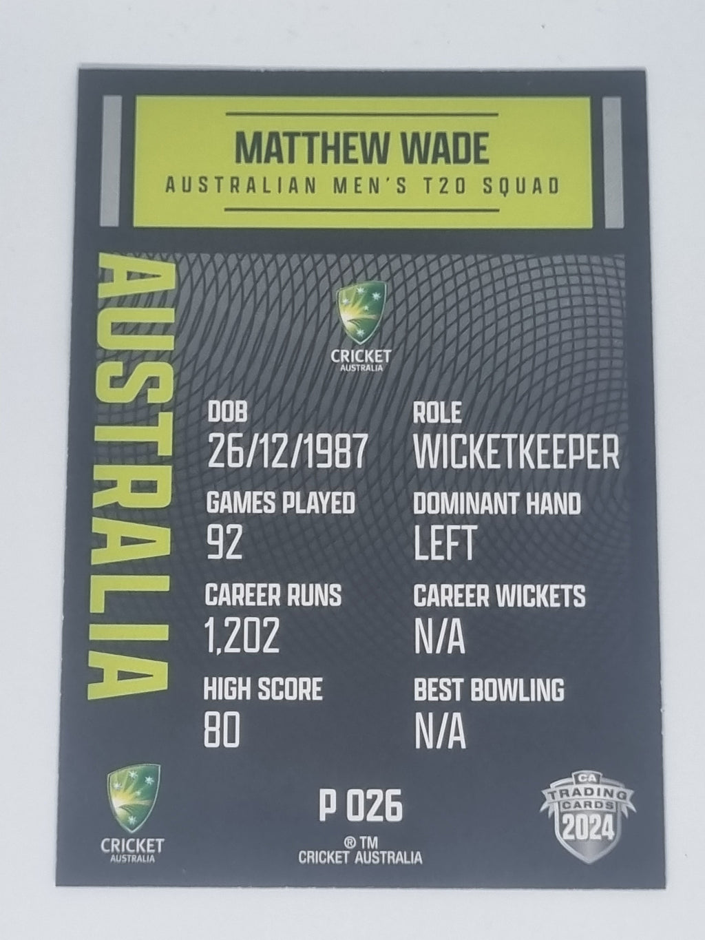 2024-25 LUXE Cricket Traders - Parallel - #P026 - Matthew Wade - Aust T20