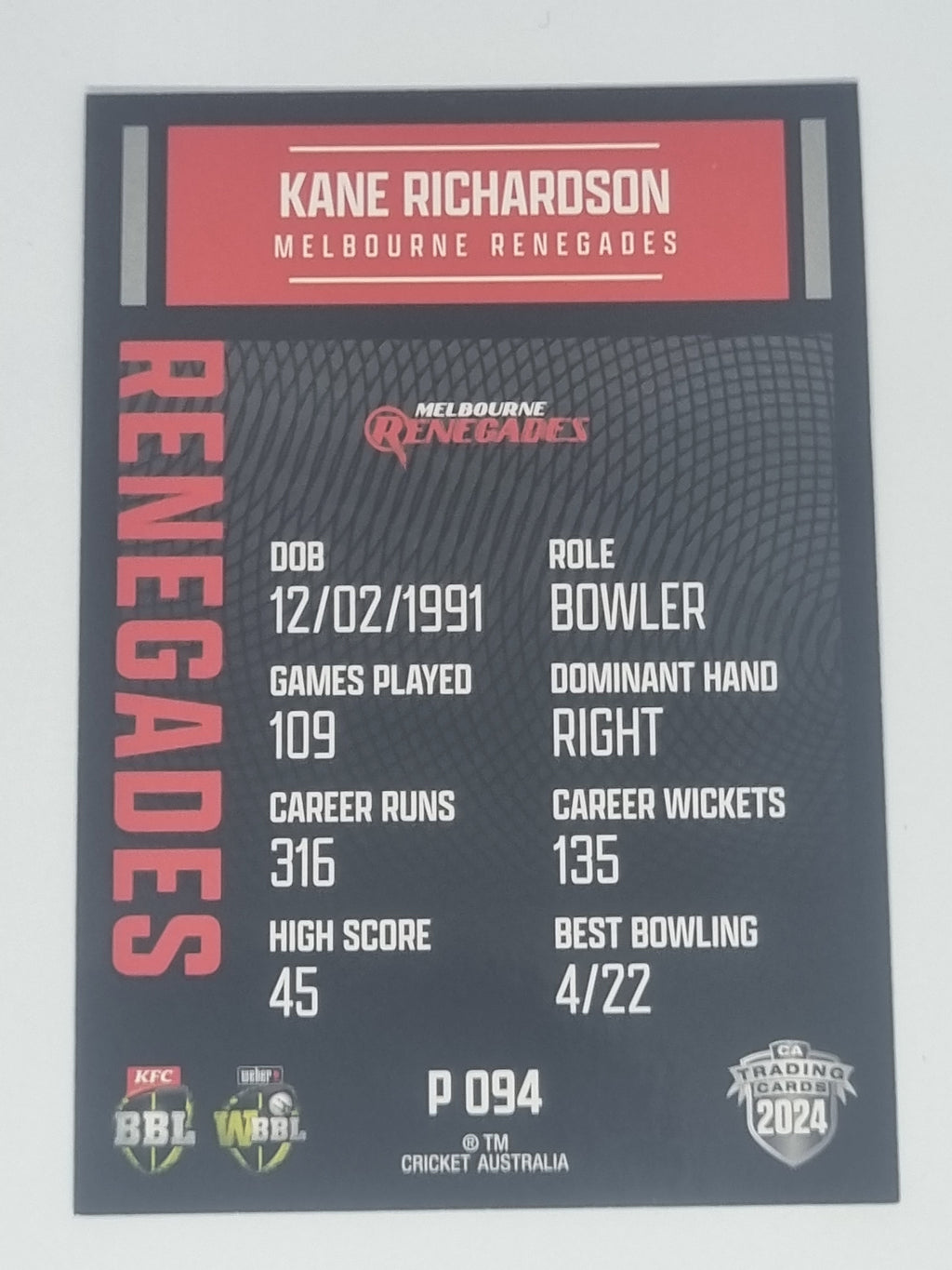 2024-25 LUXE Cricket Traders - Parallel - #P094 - Kane Richardson - Renegades