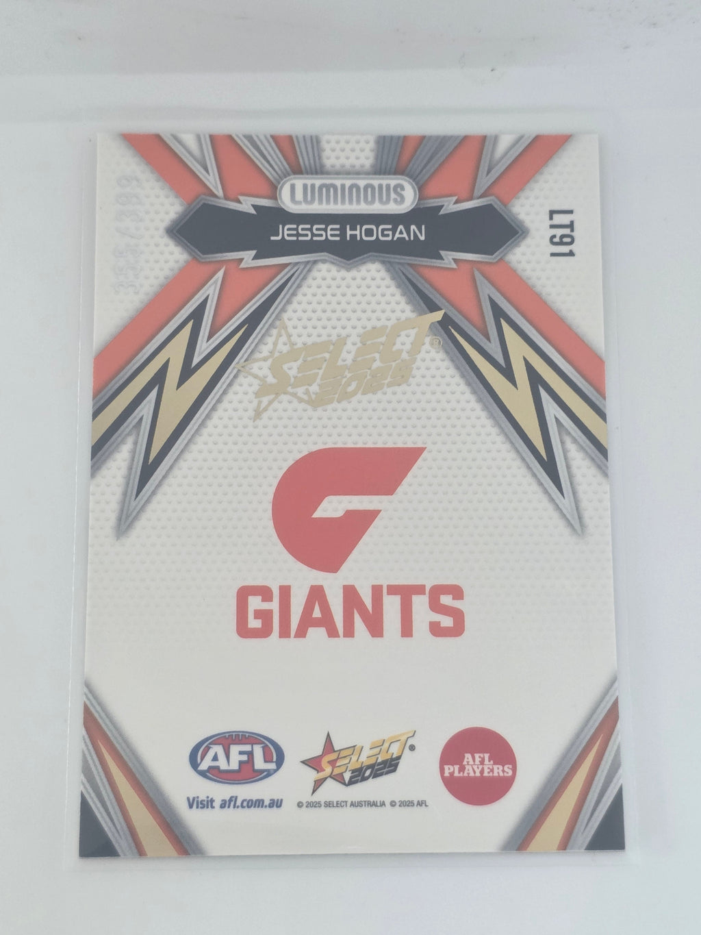 AFL Footy Stars 2025 Luminous Thunderbolt Gold #LT91 J. Hogan GWS #355/399