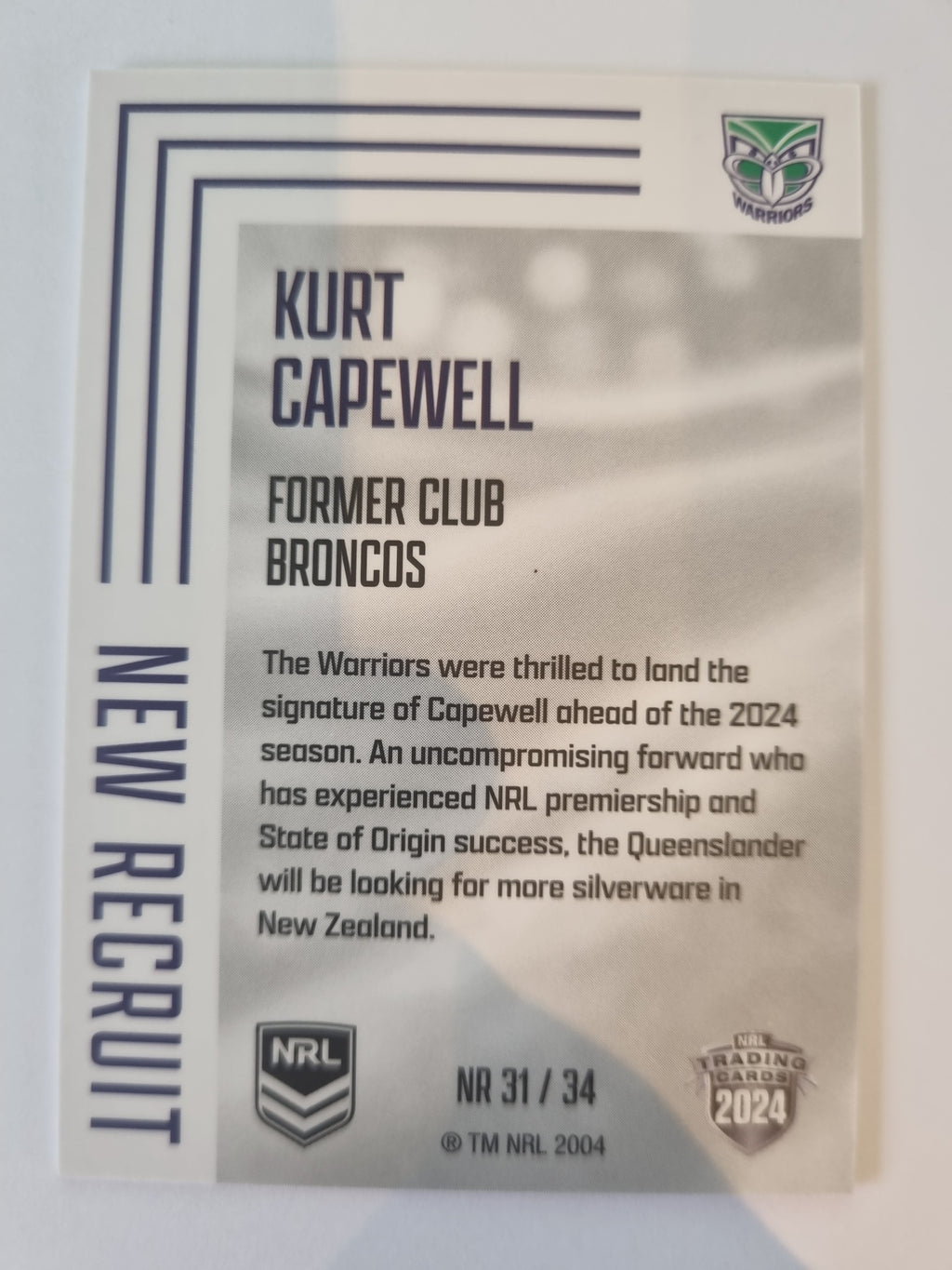 2024 Elite NRL - New Recruit - #NR31 - Kurt Capewell - Warriors