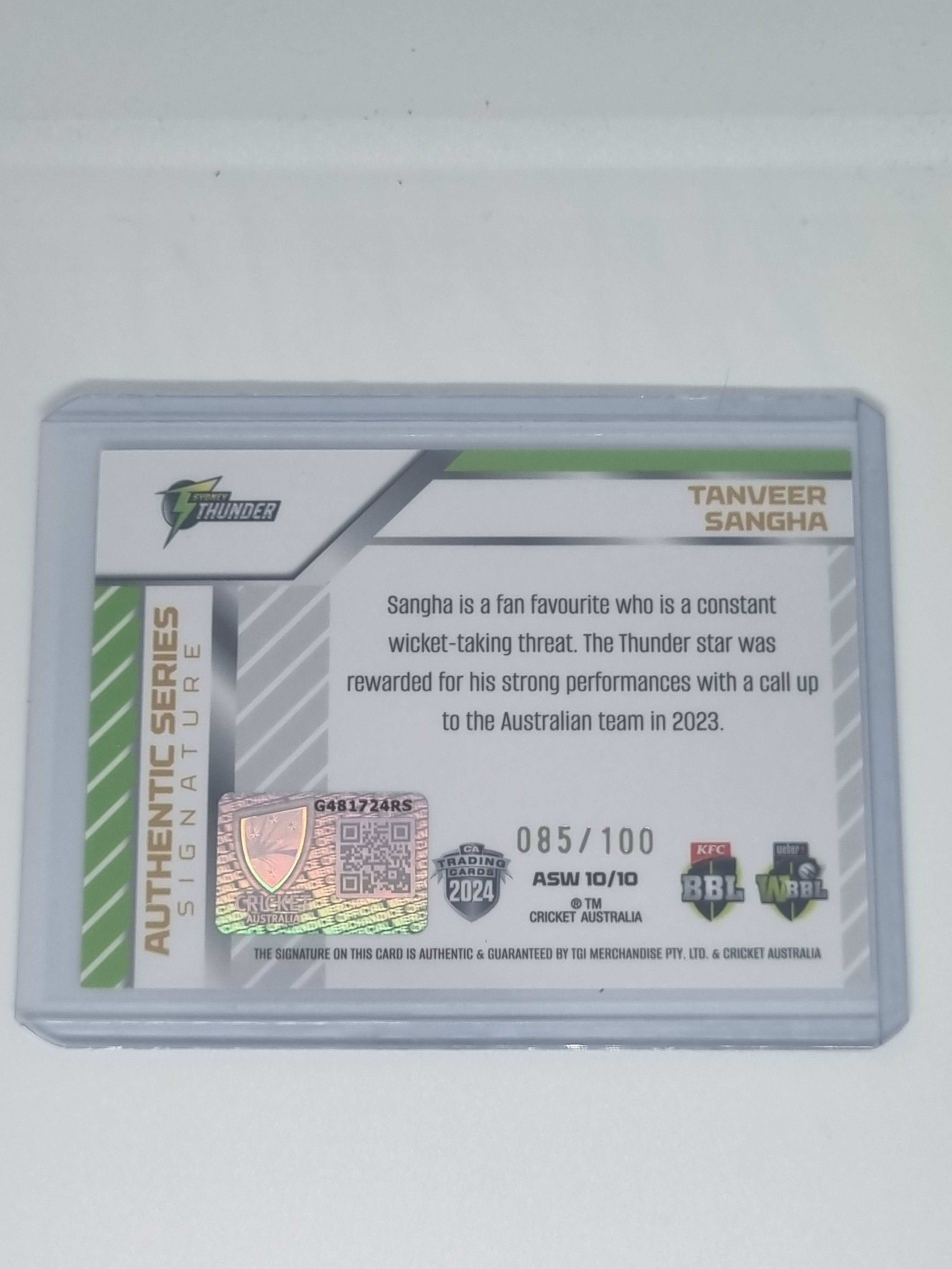 24-25 LUXE Cricket Authentics Signature White #ASW10 Tanveer Sangha #085/100