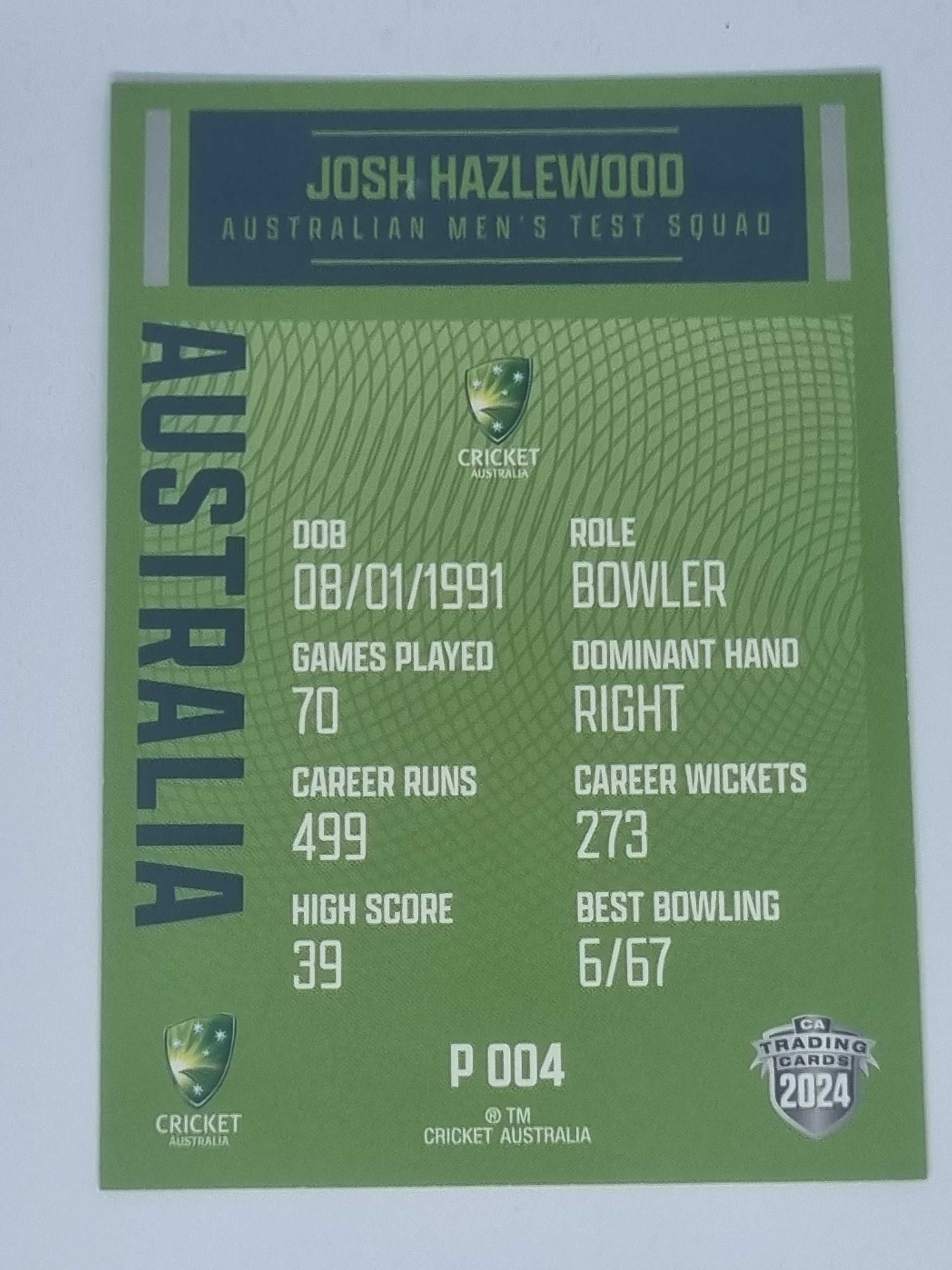 2024-25 LUXE Cricket Traders - Parallel - #P004 - Josh Hazlewood - Aust Test