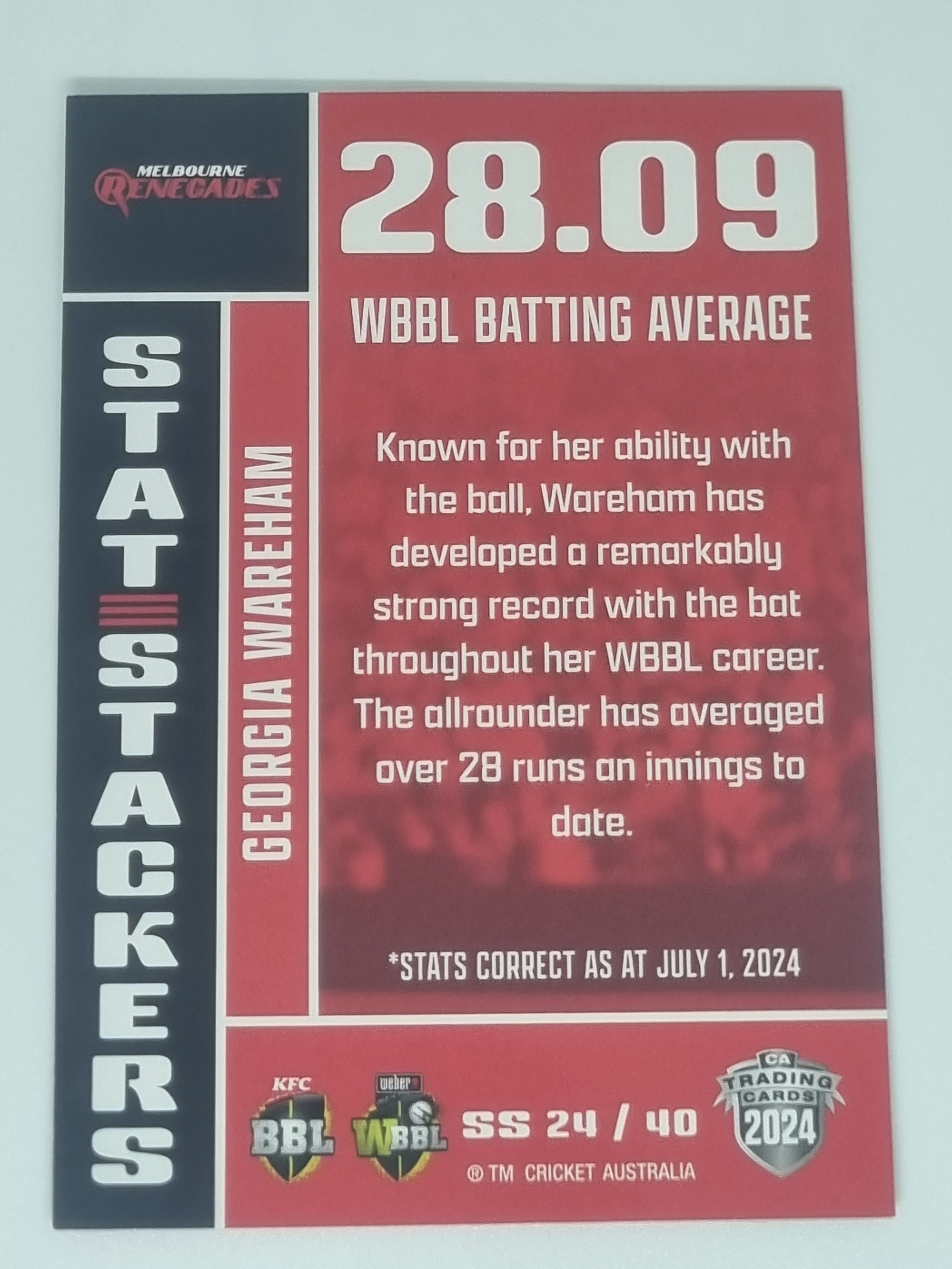 2024-25 LUXE Cricket - Stat Stackers - #SS24 - Georgia Wareham - Renegades